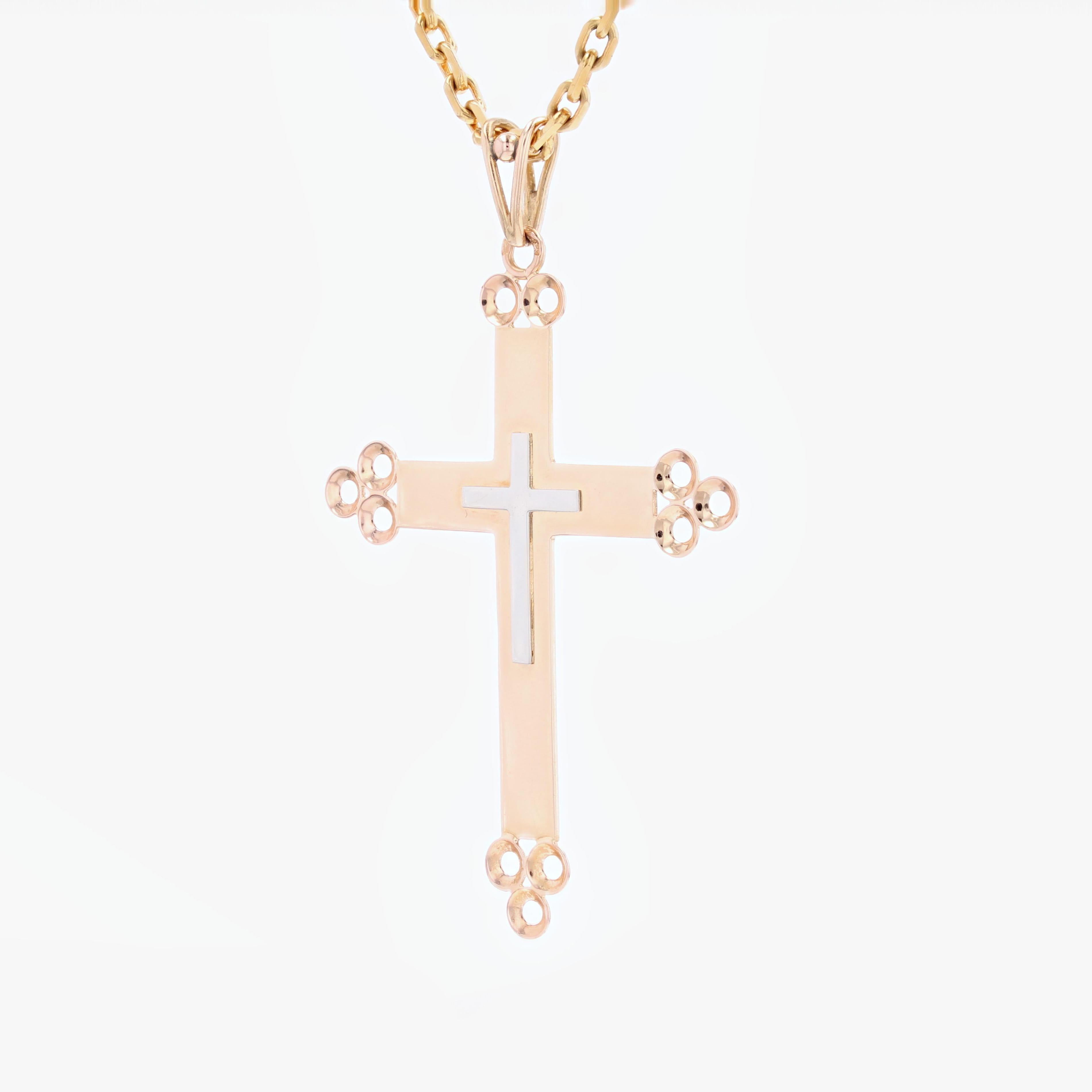 French 1960s 18 Karat Rose and White Gold Cross Pendant For Sale 1