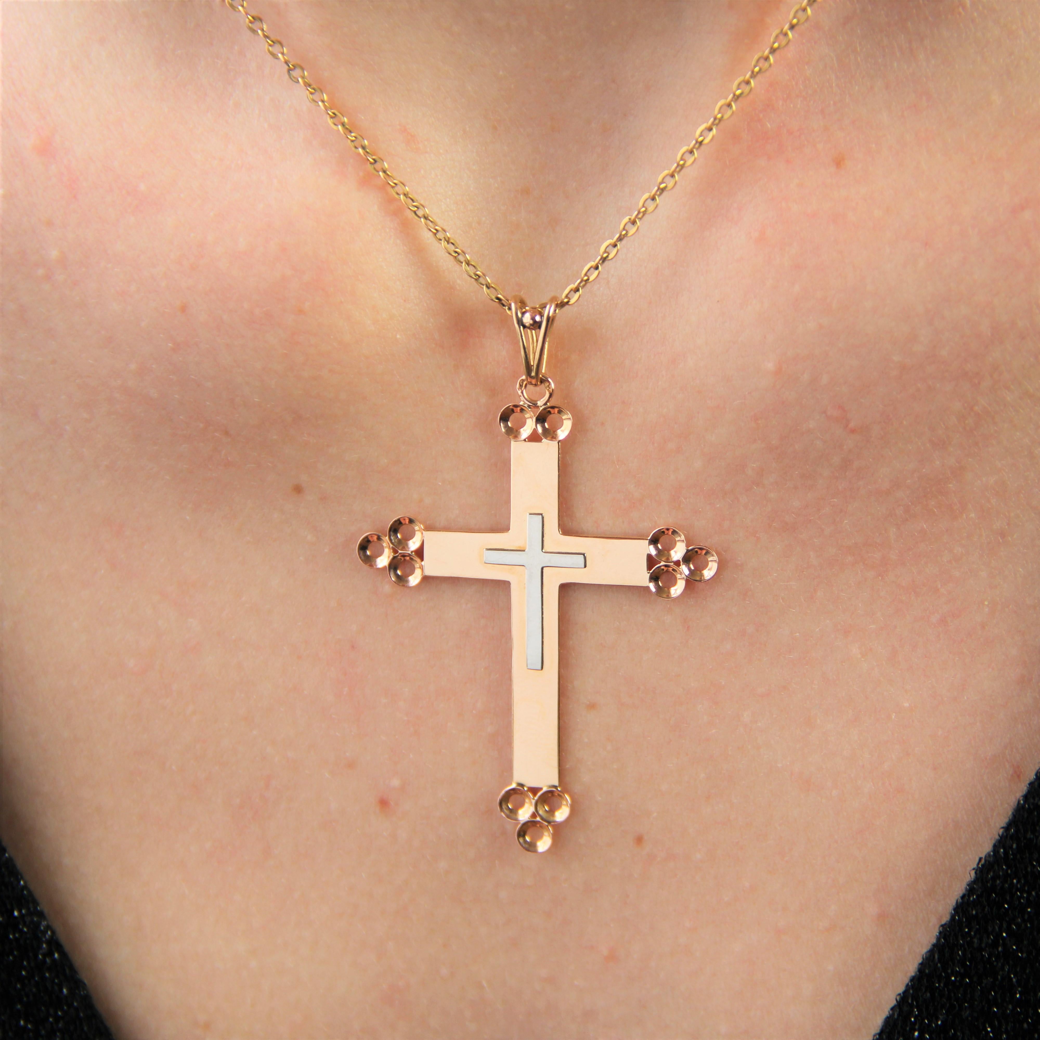 French 1960s 18 Karat Rose and White Gold Cross Pendant For Sale 2