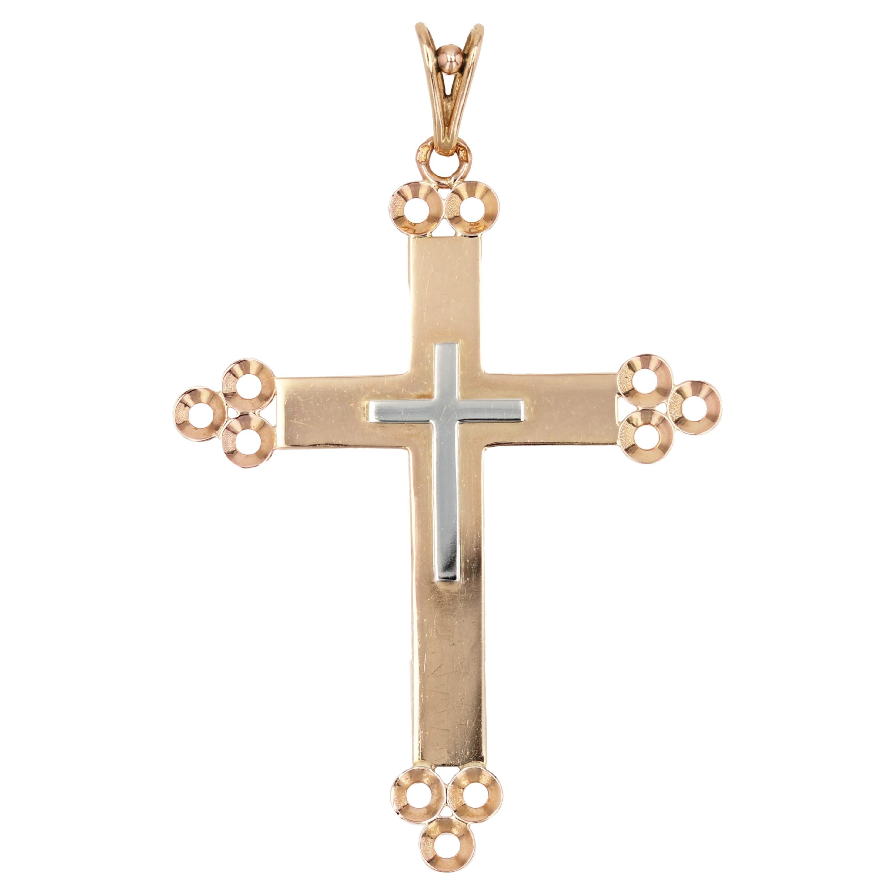 French 1960s 18 Karat Rose and White Gold Cross Pendant For Sale
