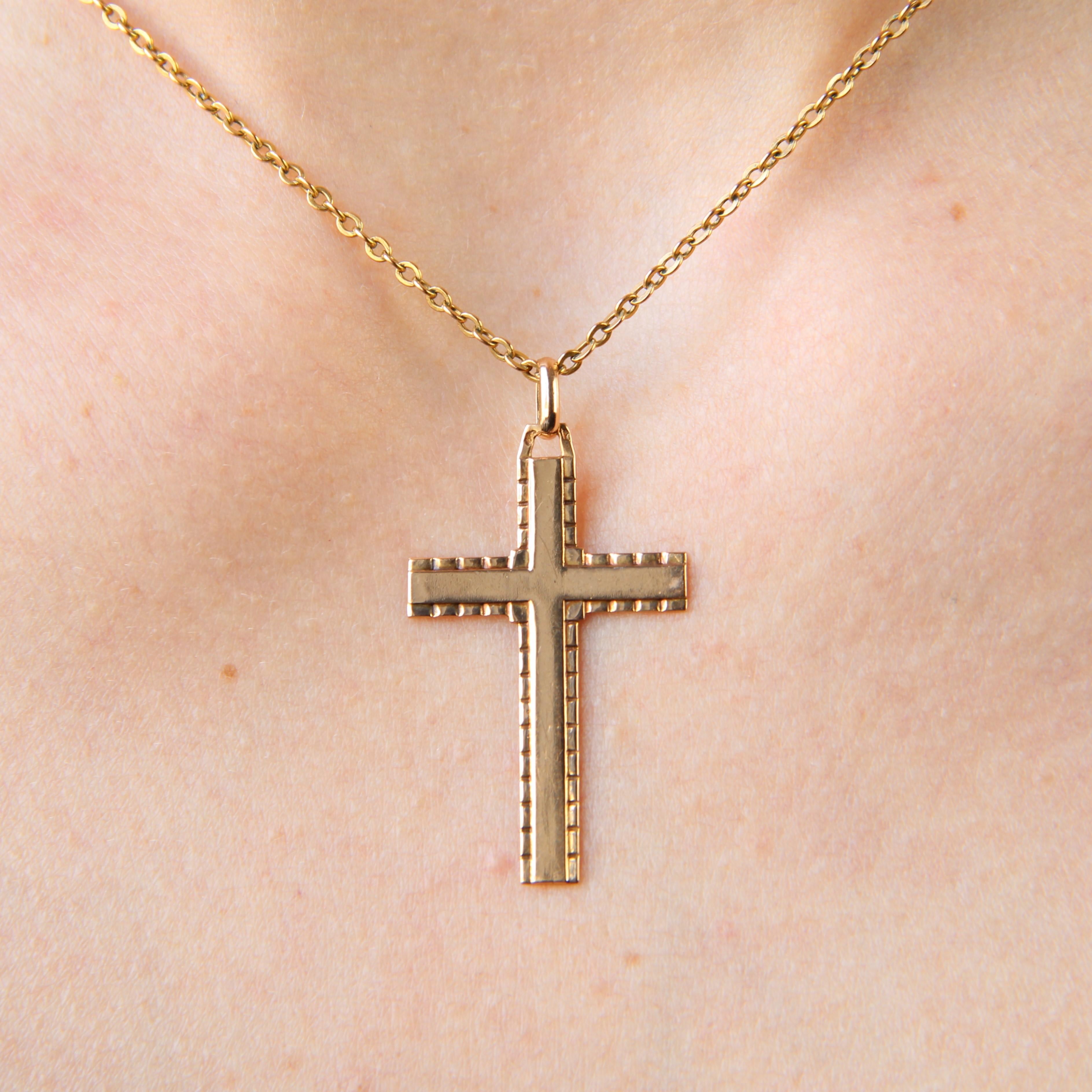 French 1960s 18 Karat Rose Gold Flat Cross For Sale 1