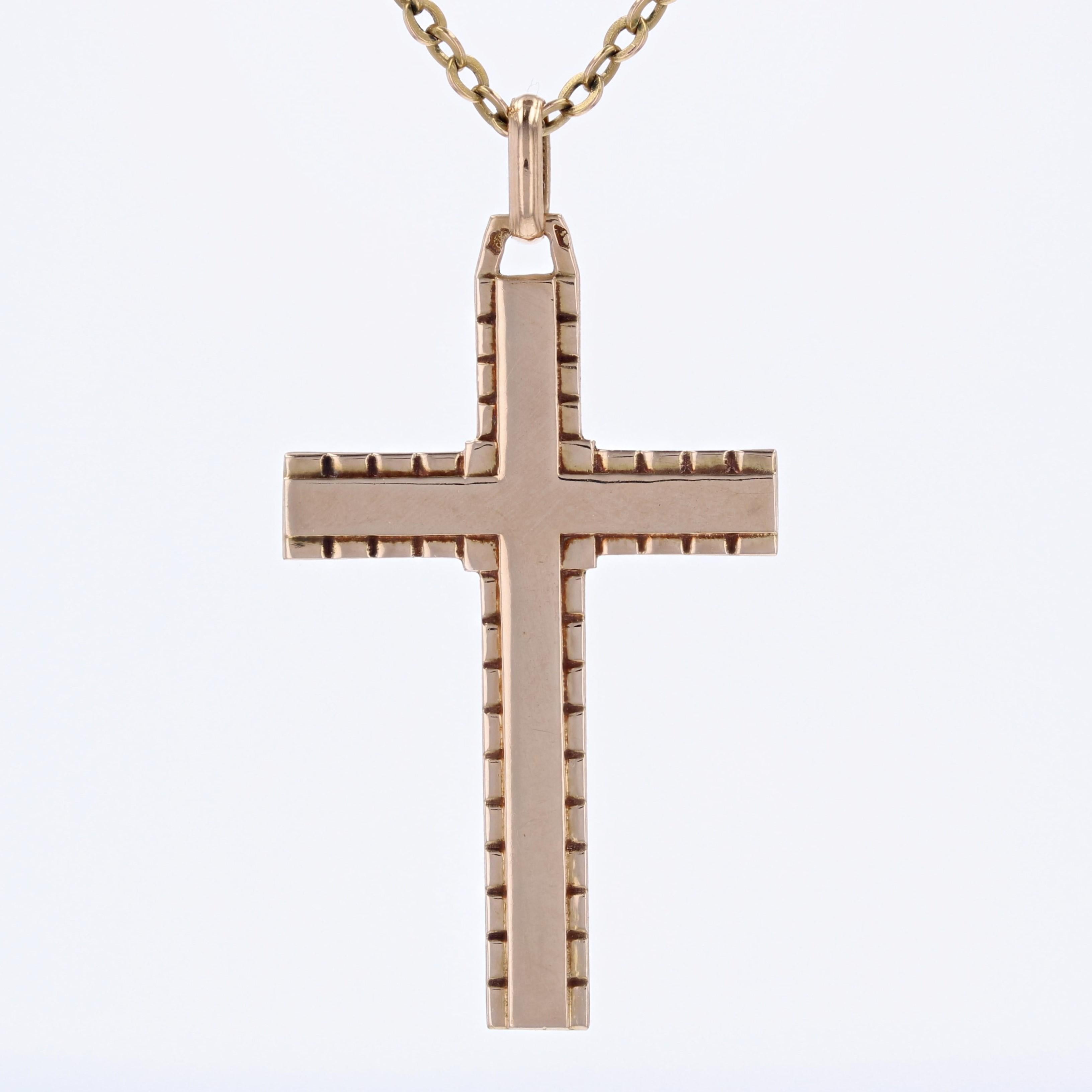 French 1960s 18 Karat Rose Gold Flat Cross For Sale 3