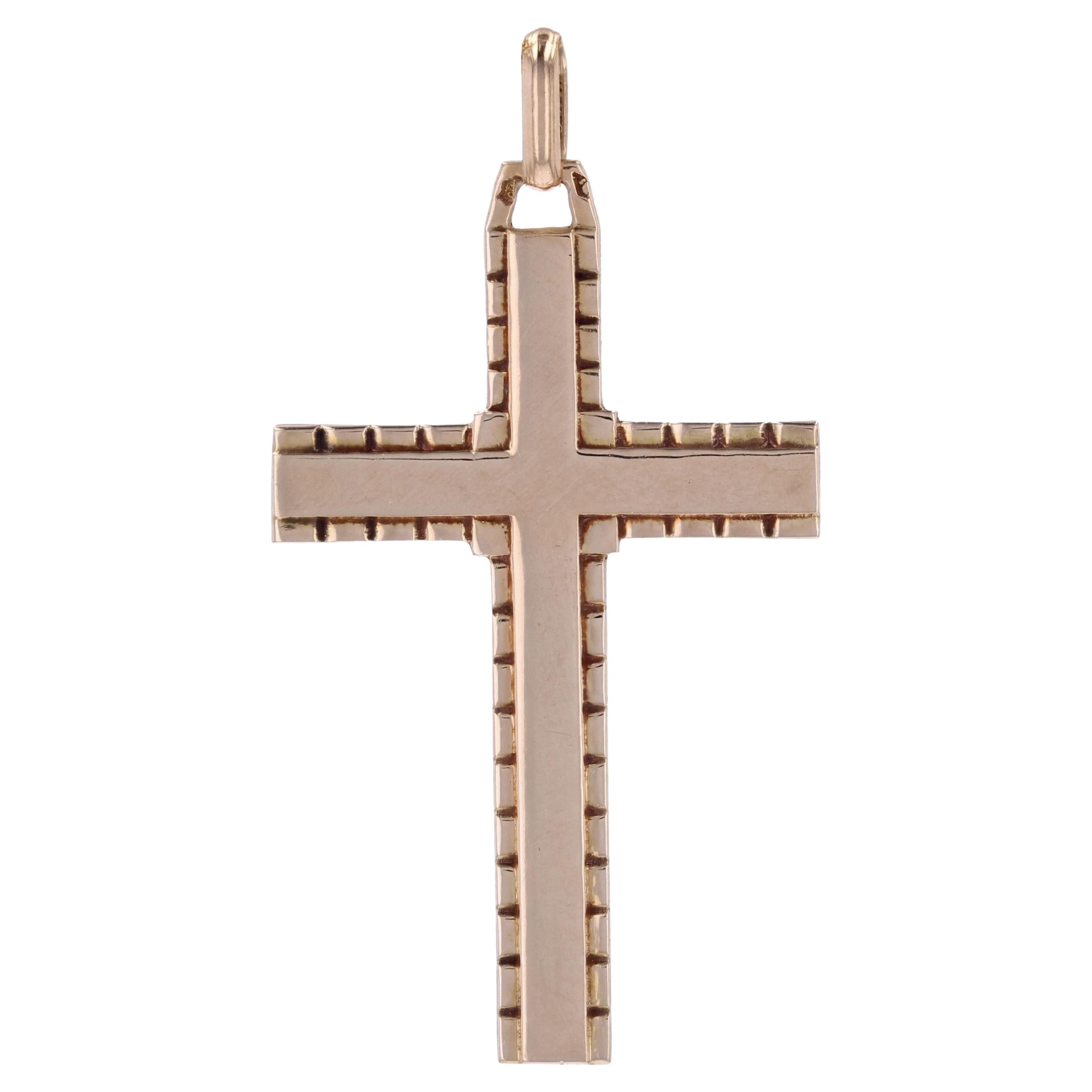 French 1960s 18 Karat Rose Gold Flat Cross For Sale