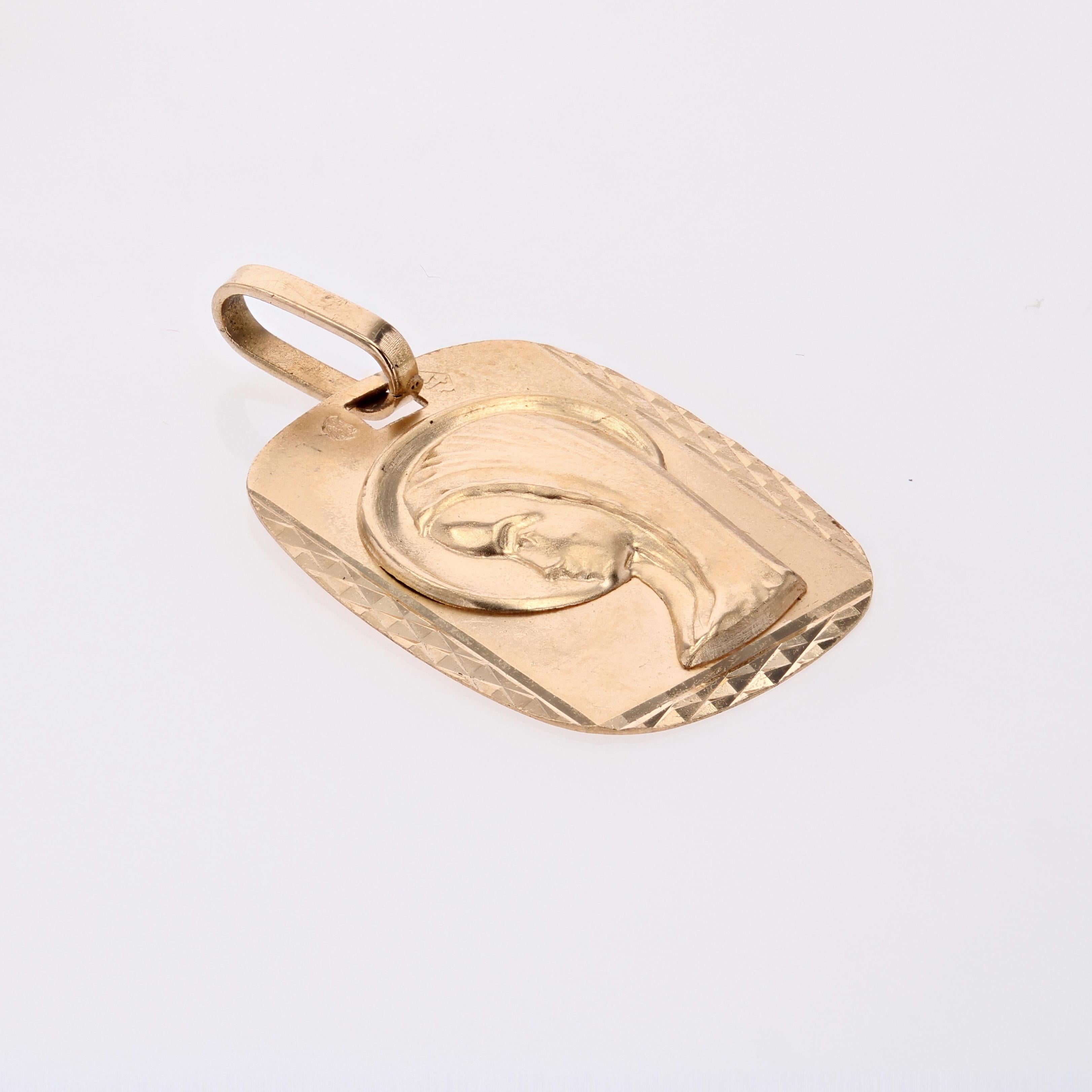 Retro French 1960s 18 Karat Rose Gold Virgin Rectangular Medal Pendant For Sale