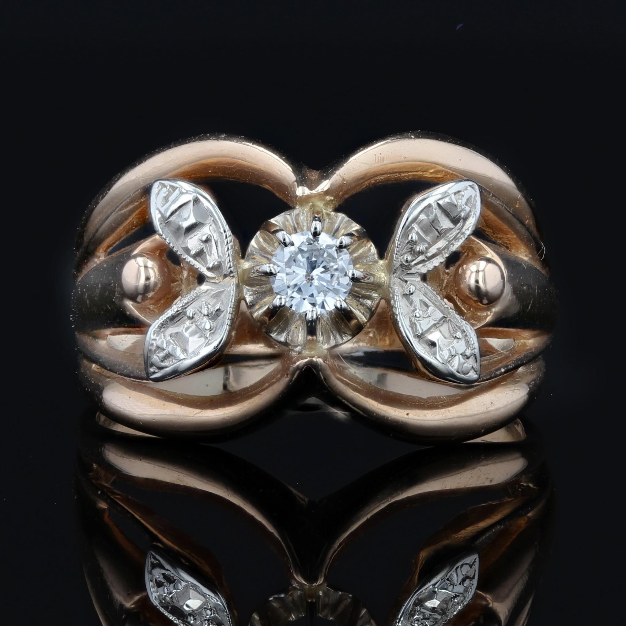 Rétro Anello francese degli anni '60 in oro rosa 18 carati e oro bianco con diamanti in vendita