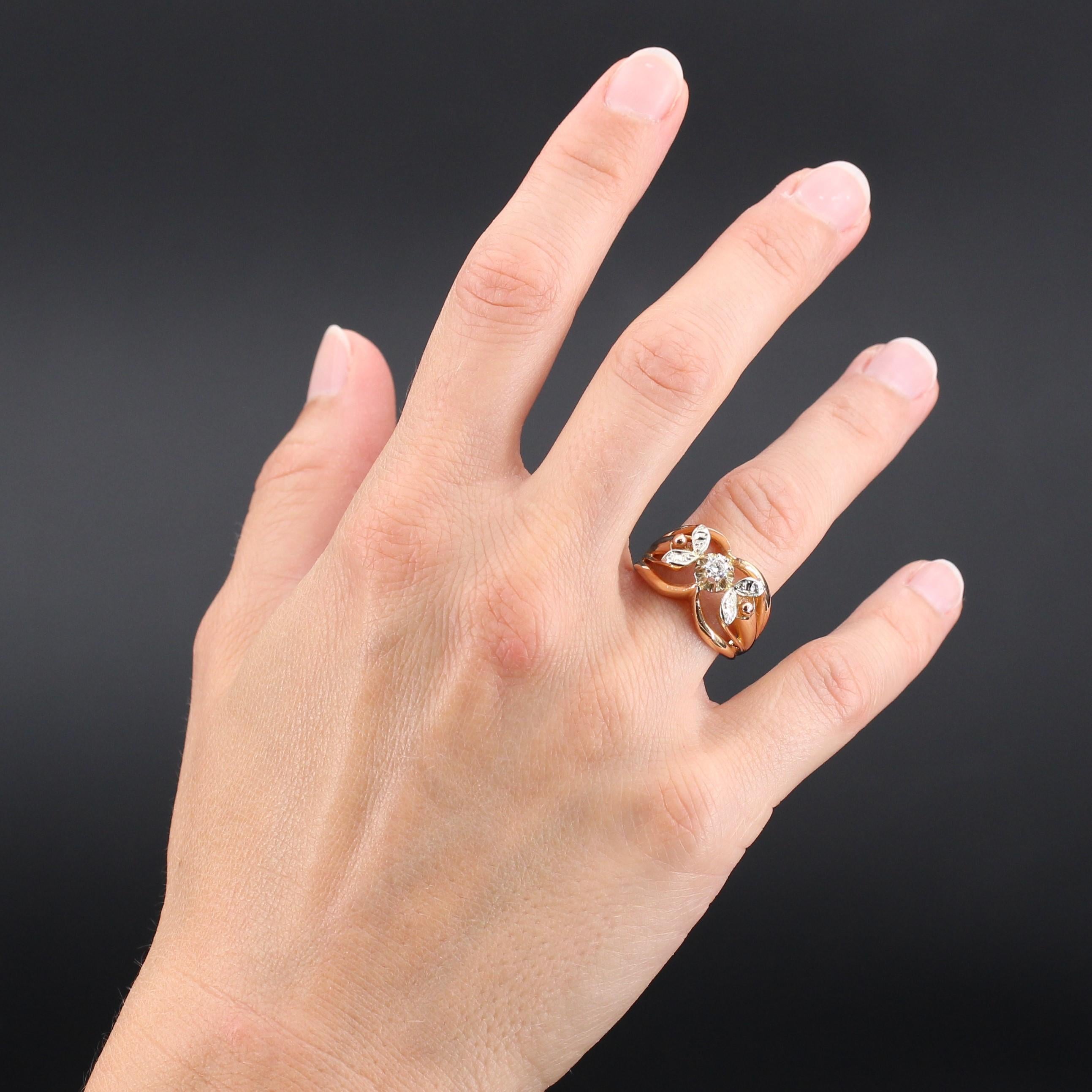 Taglio brillante Anello francese degli anni '60 in oro rosa 18 carati e oro bianco con diamanti in vendita