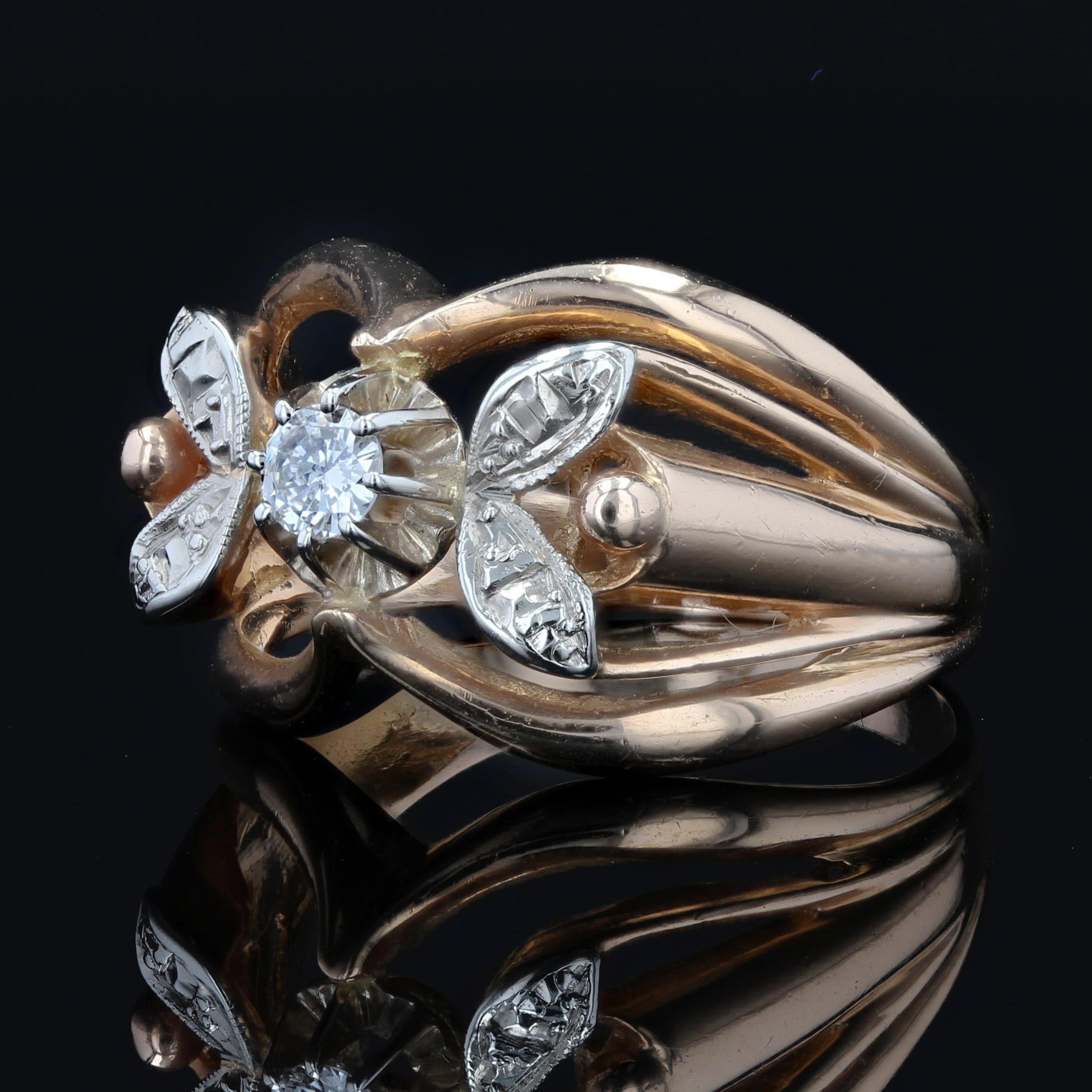 Retro French 1960s 18 Karat Rose Gold White Gold Diamond Ring For Sale