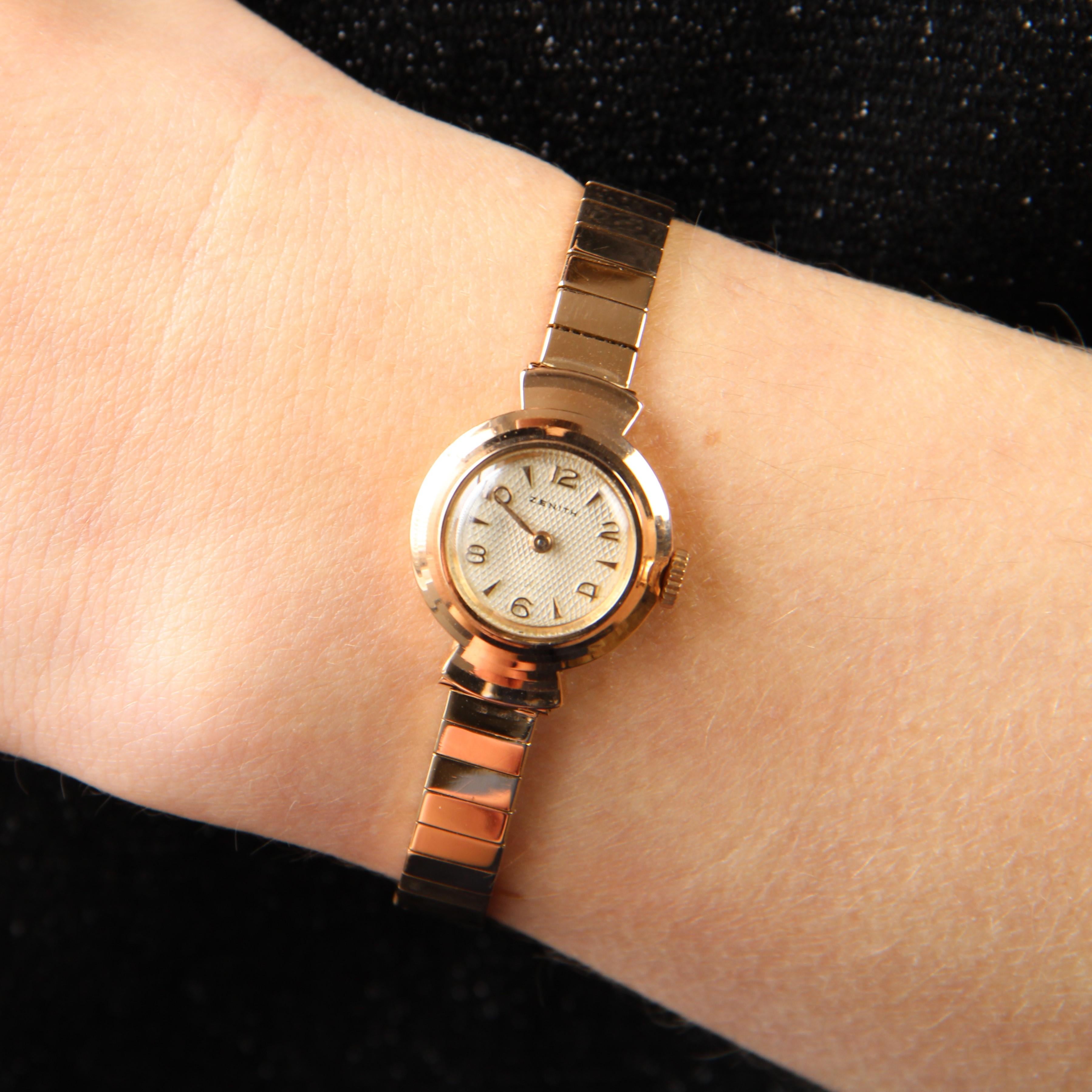 Retro French 1960s 18 Karat Rose Gold Zenith Woman Watch For Sale