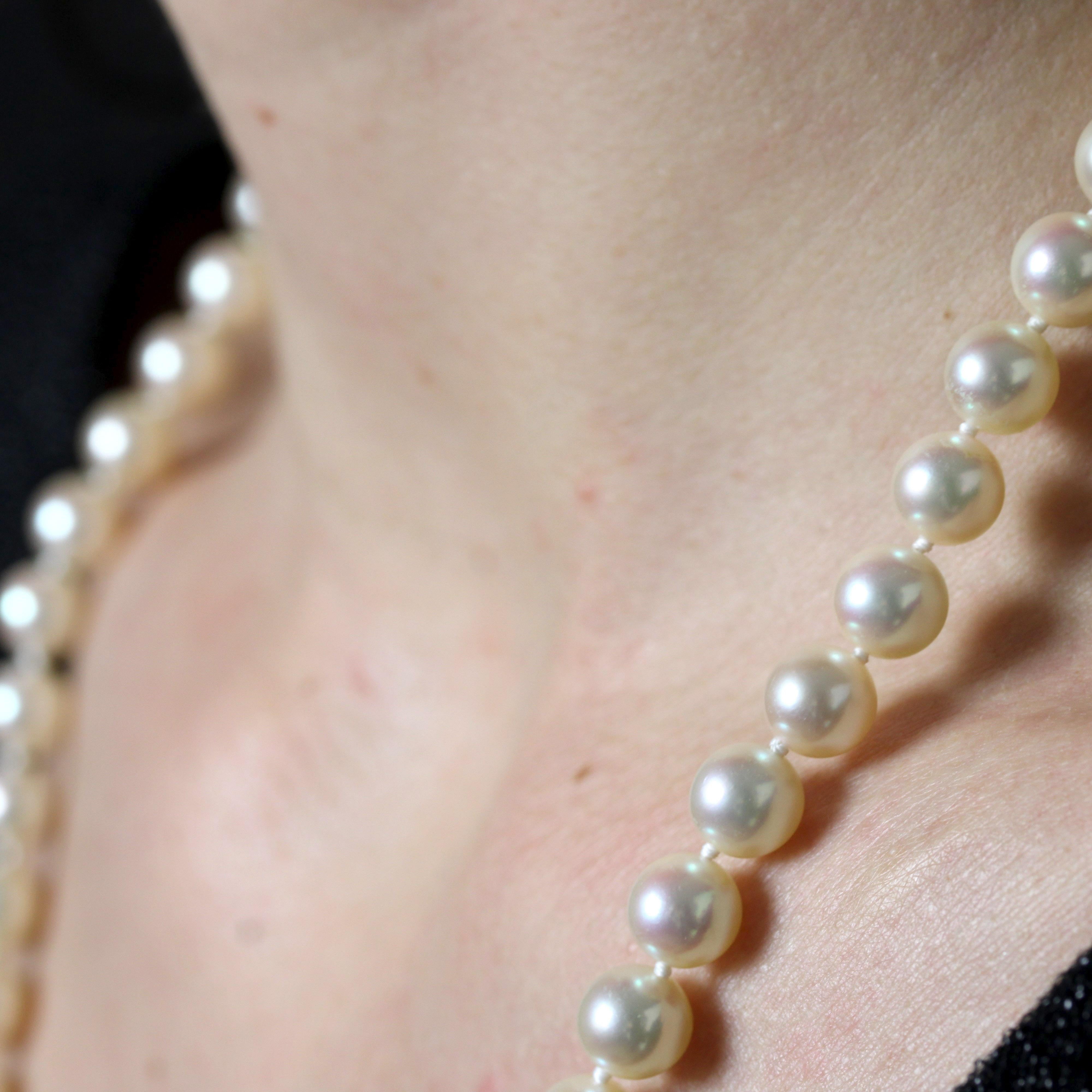 French 1960s 18 Karat Yellow Gold Chiseled Clasp Cultured Pearl Choker Necklace For Sale 2