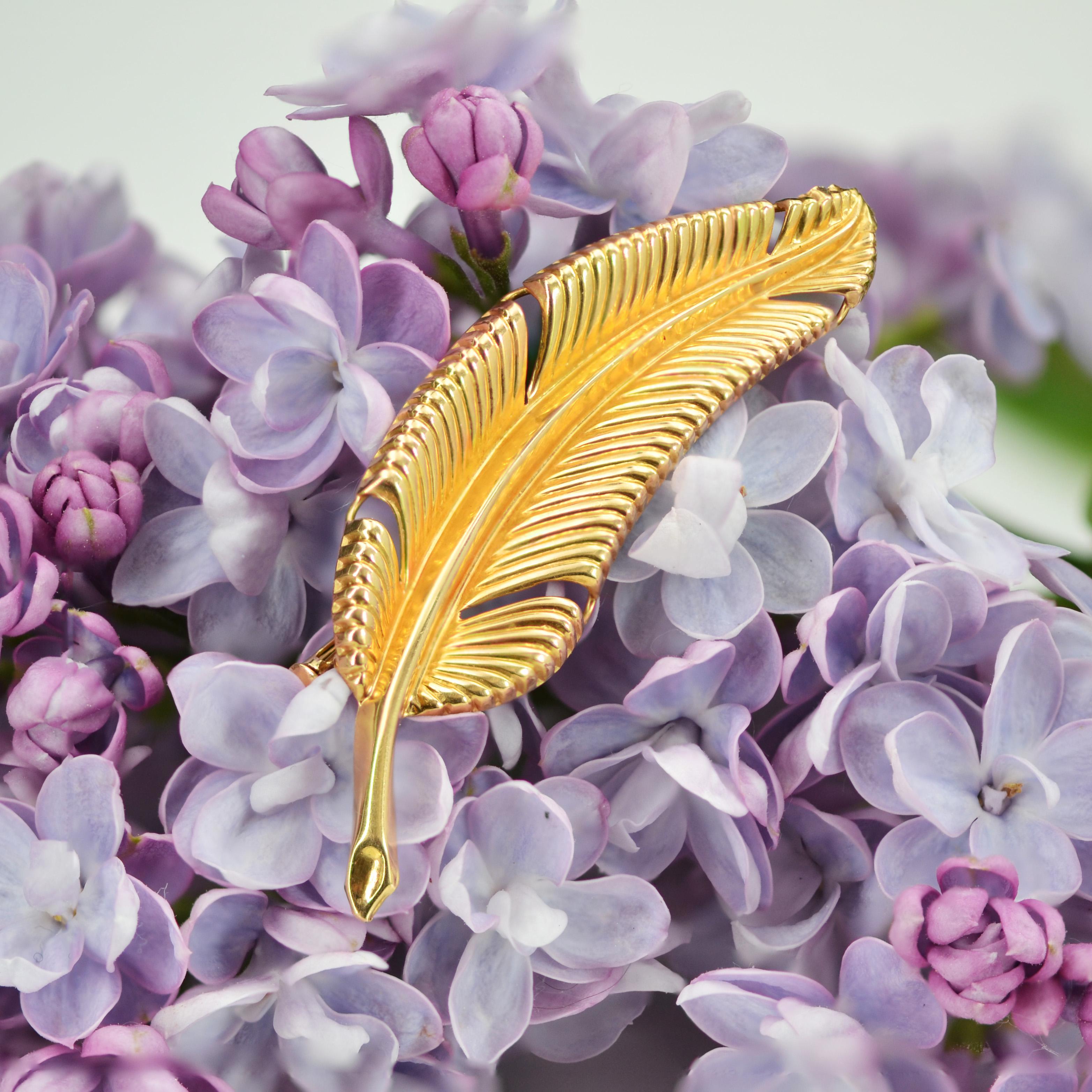 Retro French 1960s 18 Karat Yellow Gold Chiseled Feather Brooch