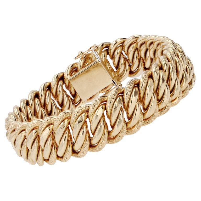 French 1950s 18 Karat Yellow Gold Wide Curb Bracelet For Sale at 1stDibs