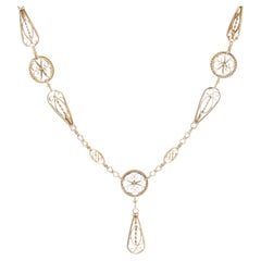 French 1960s 18 Karat Yellow Gold Filigree Drop Necklace