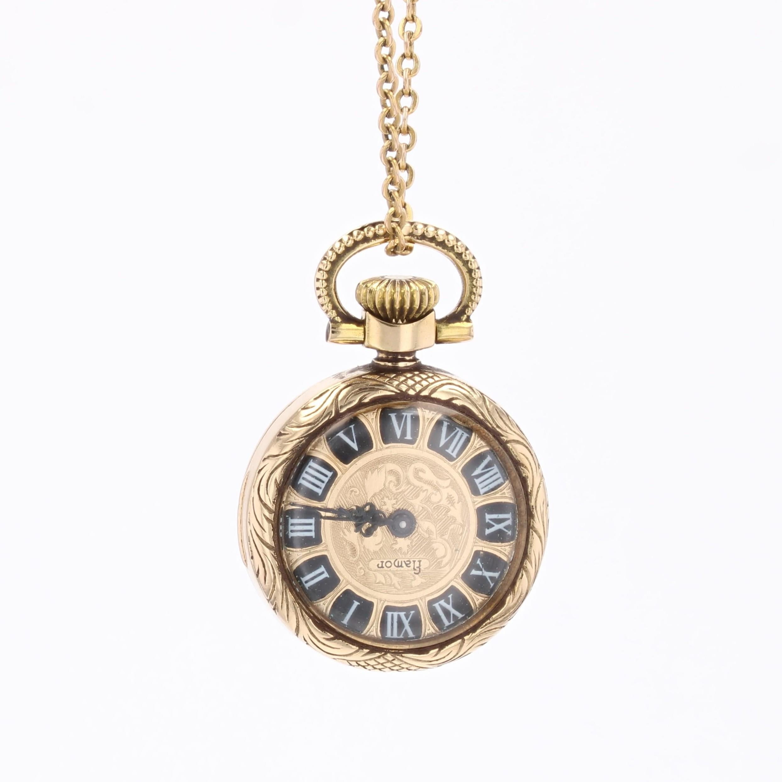 Pendentif en or jaune 18 carats Flamor pour montre de poche de femme des années 1960 en vente 1