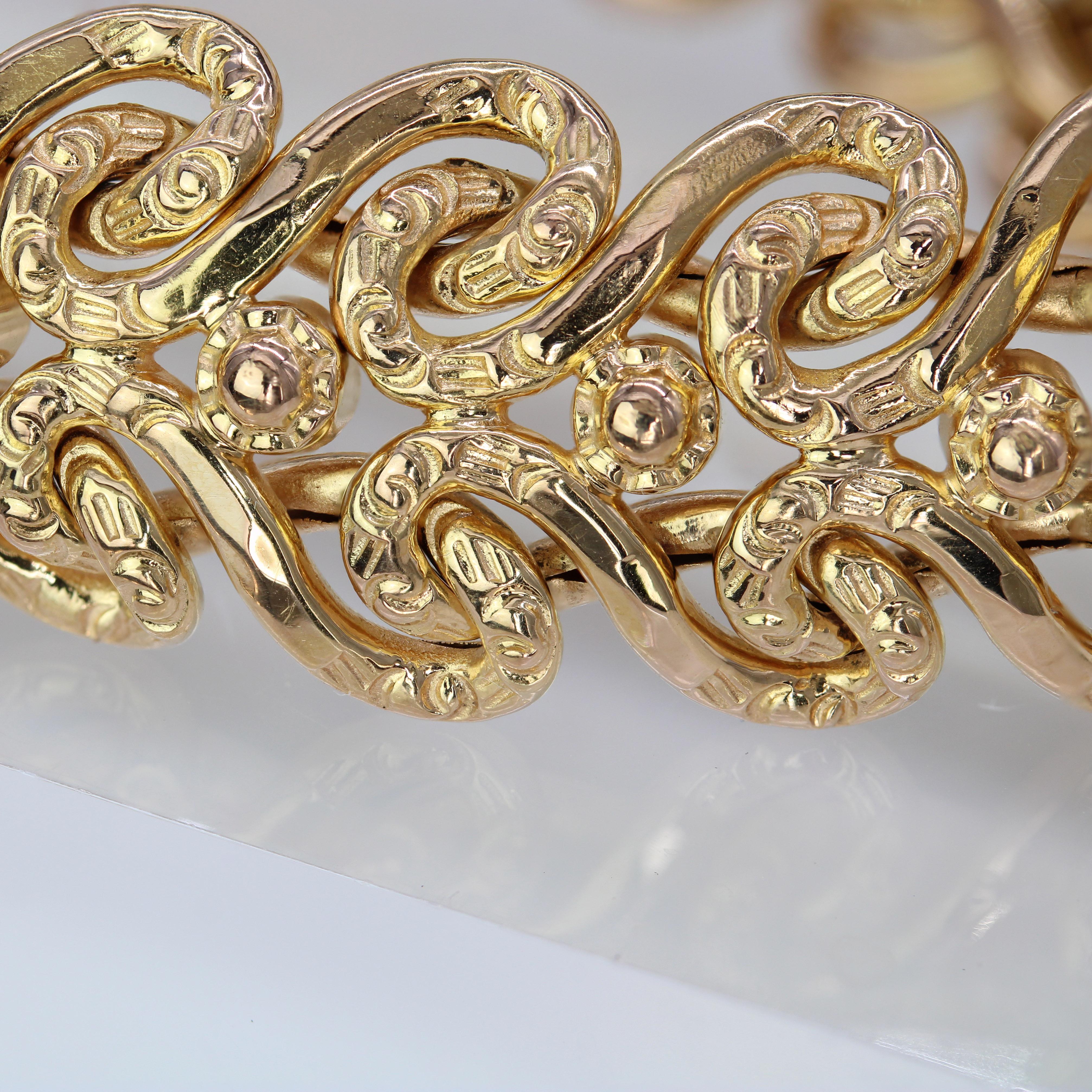 Französisches 1960er Jahre 18 Karat Gelbgold Flexibles Arabesken-Retro-Armband im Angebot 3