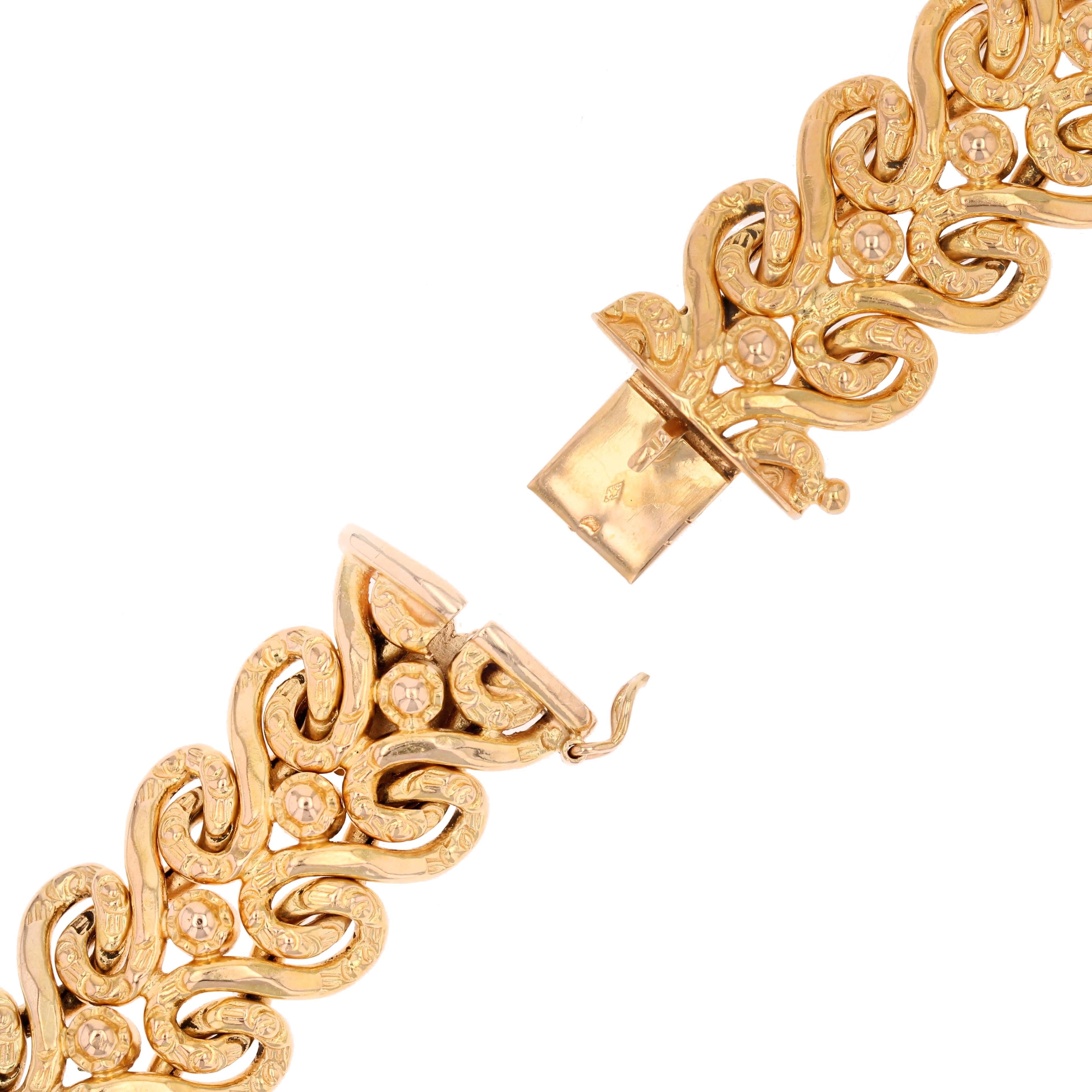 Französisches 1960er Jahre 18 Karat Gelbgold Flexibles Arabesken-Retro-Armband im Angebot 4