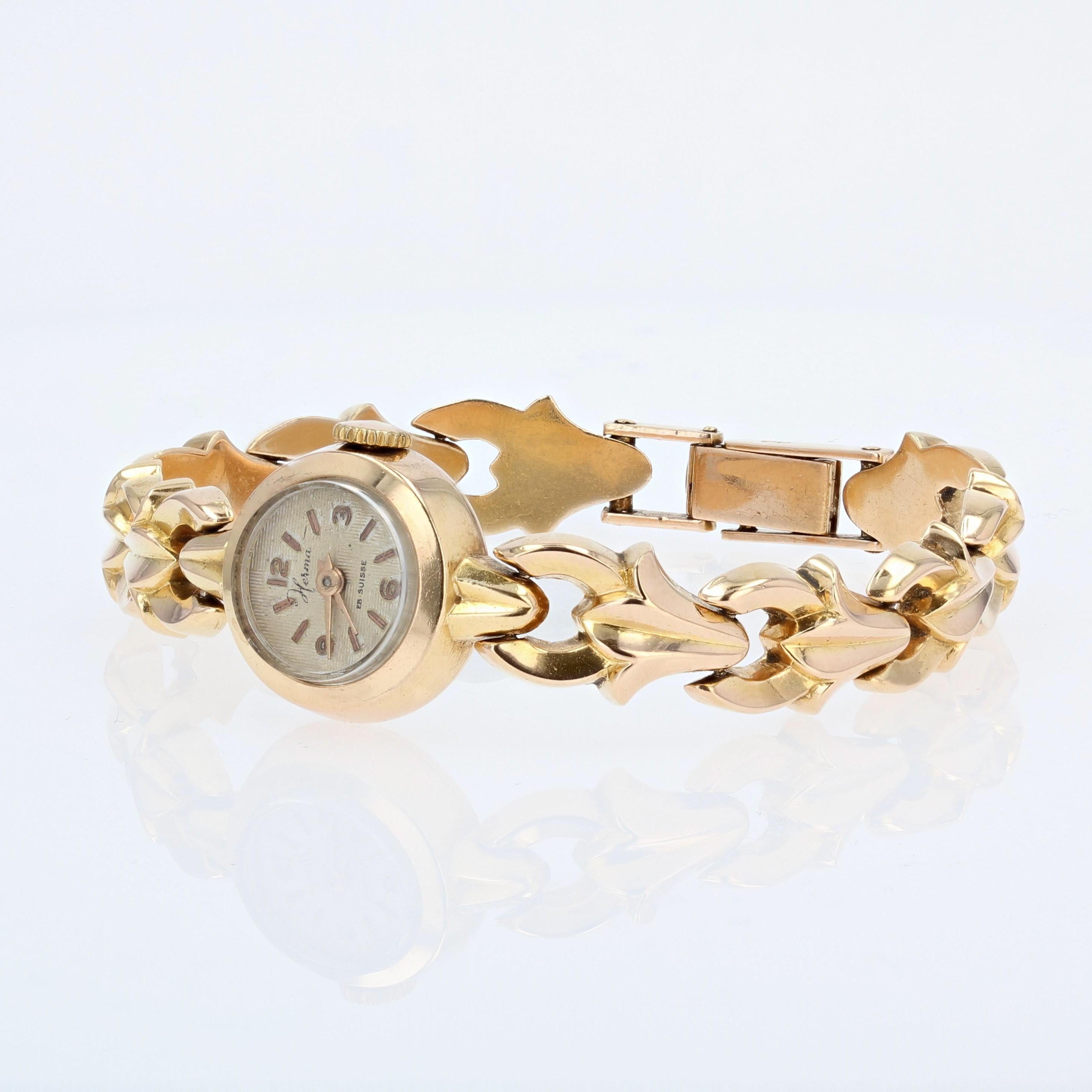 Rétro Montre-bracelet rétro française pour femme en or jaune 18 carats, années 1960