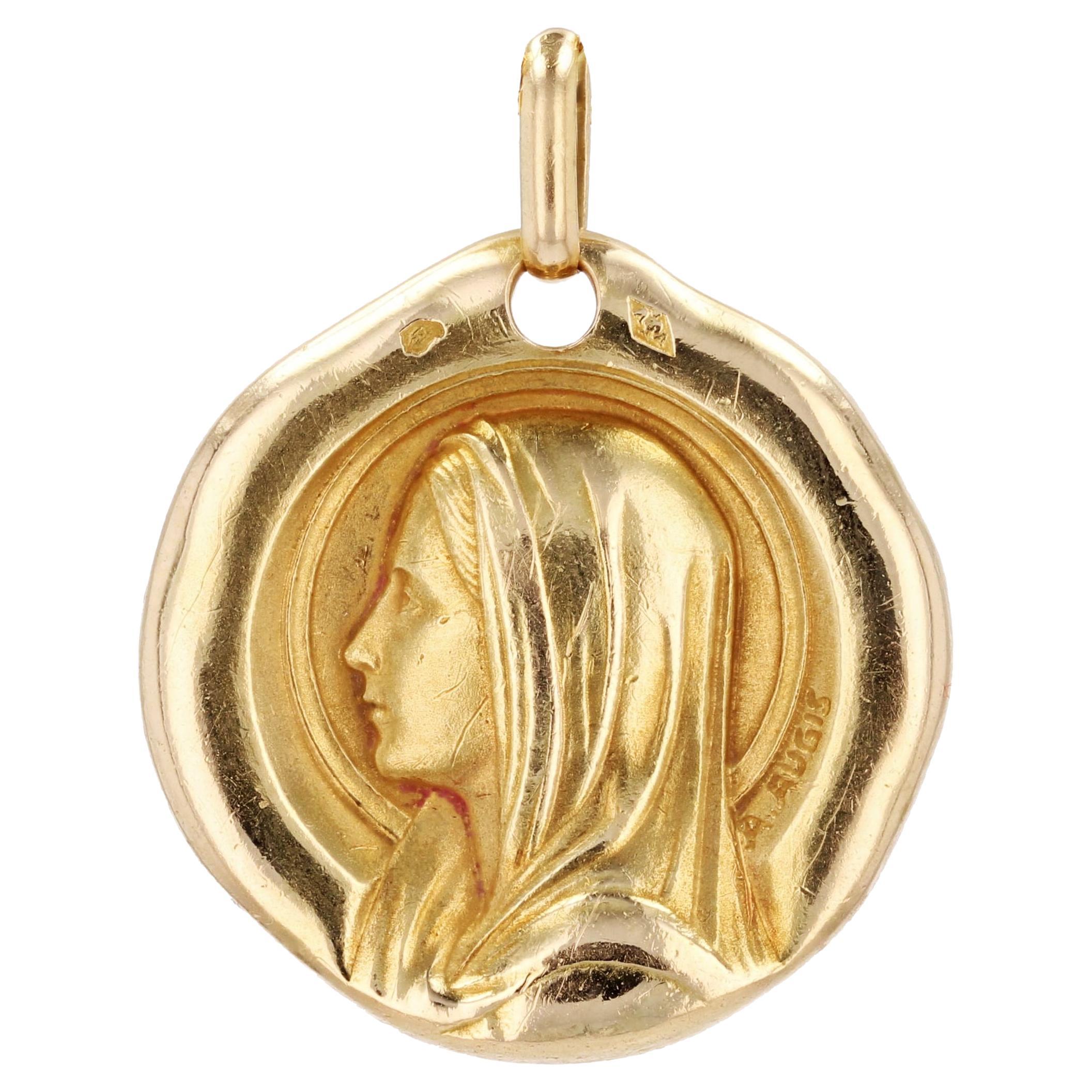 French 1960s 18 Karat Yellow Gold Virgin Mary Augis Medal For Sale