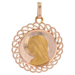 French 1960s 18 Karat Yellow Gold Virgin Mary Openwork Border Medal