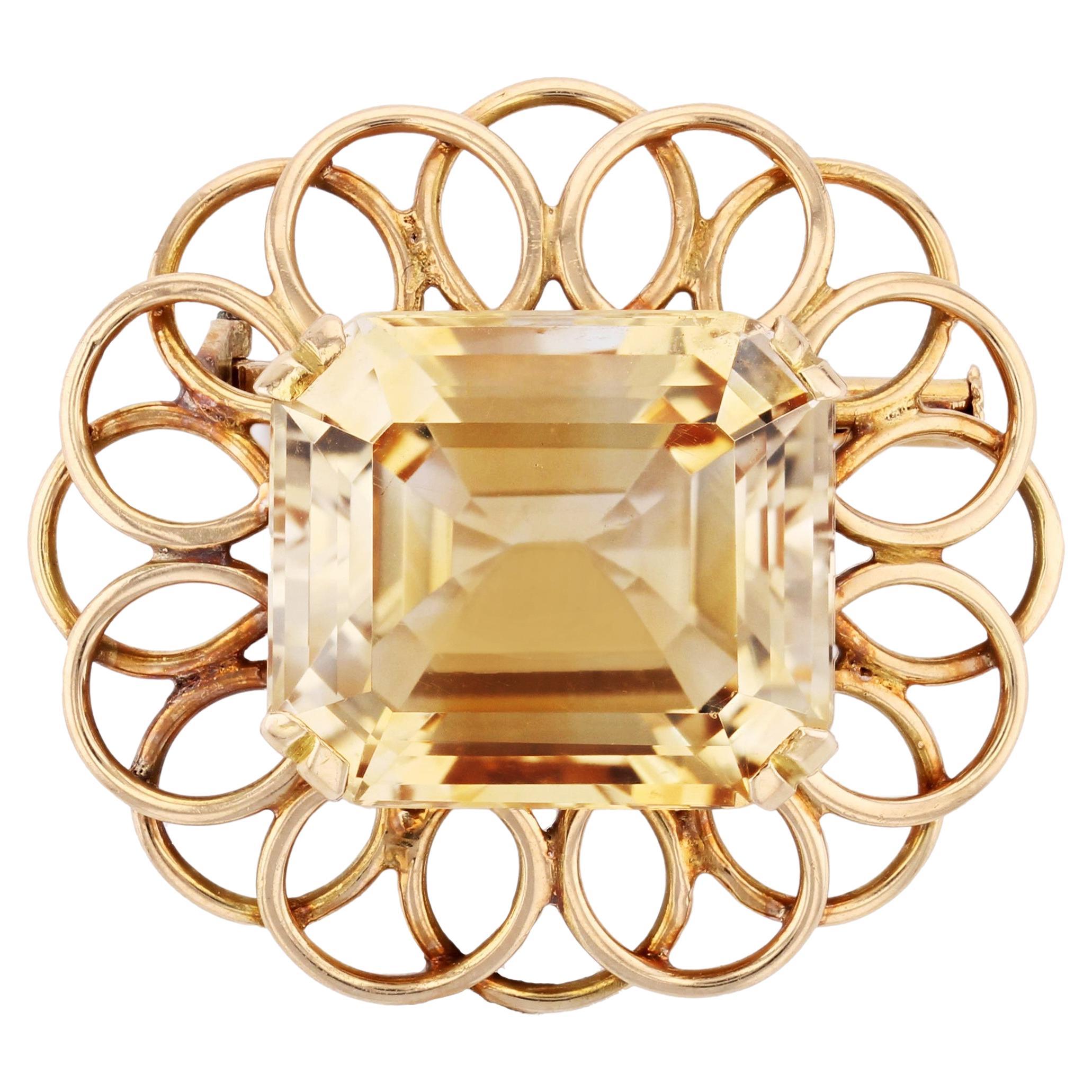 Broche Flor Francés de Oro Amarillo de 18 Kilates de los años 60 de 20 Quilates de Citrino