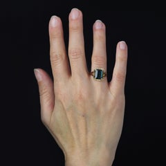 French 1960s 2.60 Carat Tourmaline Indigolite 18 Karat Rose Gold Retro Ring