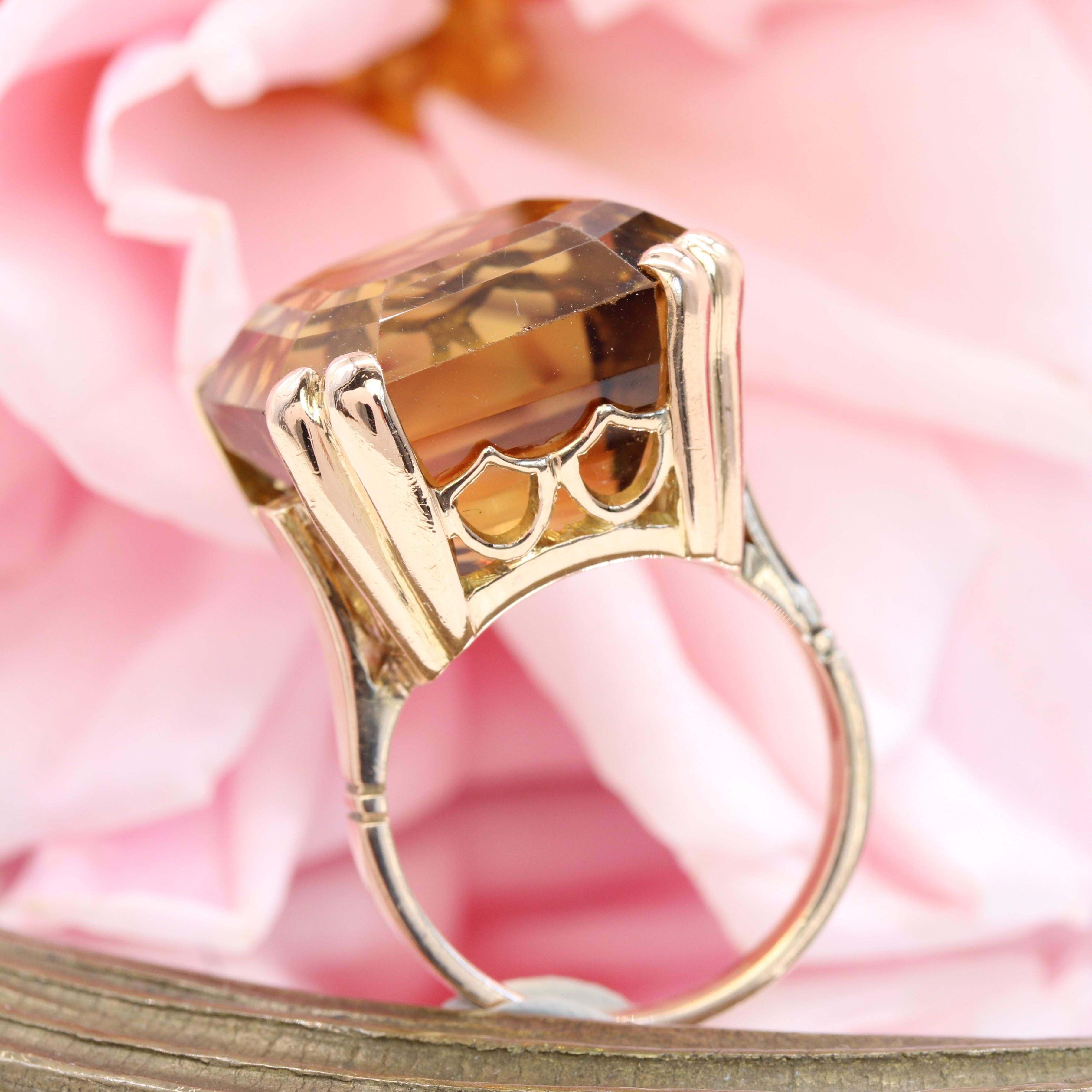 Französischer 1960er Jahre 31 Karat Citrin 18 Karat Rose Gold Retro Cocktail Ring im Angebot 5