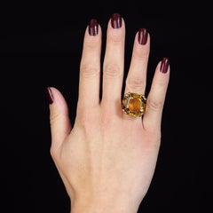 French 1960s 31 Carats Citrine 18 Karat Rose Gold Retro Cocktail Ring