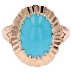 Vintage French 1960s 3.10 Carat Turquoise 18 Karat Rose Gold Ring