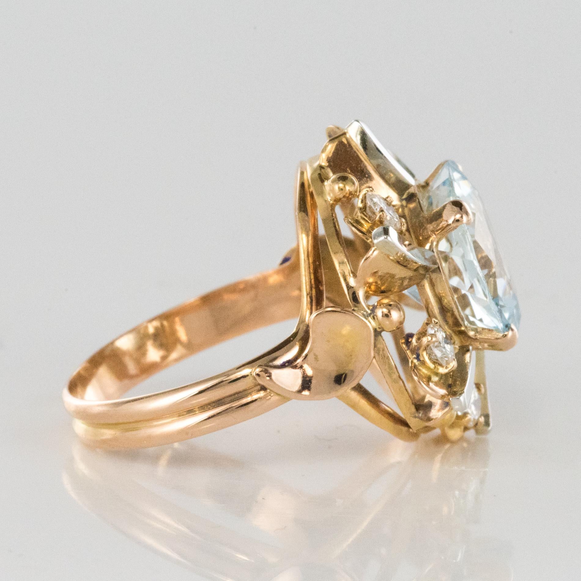 French 1960s 3.25 Carat Aquamarine 18 Karat Rose Gold Ring 3