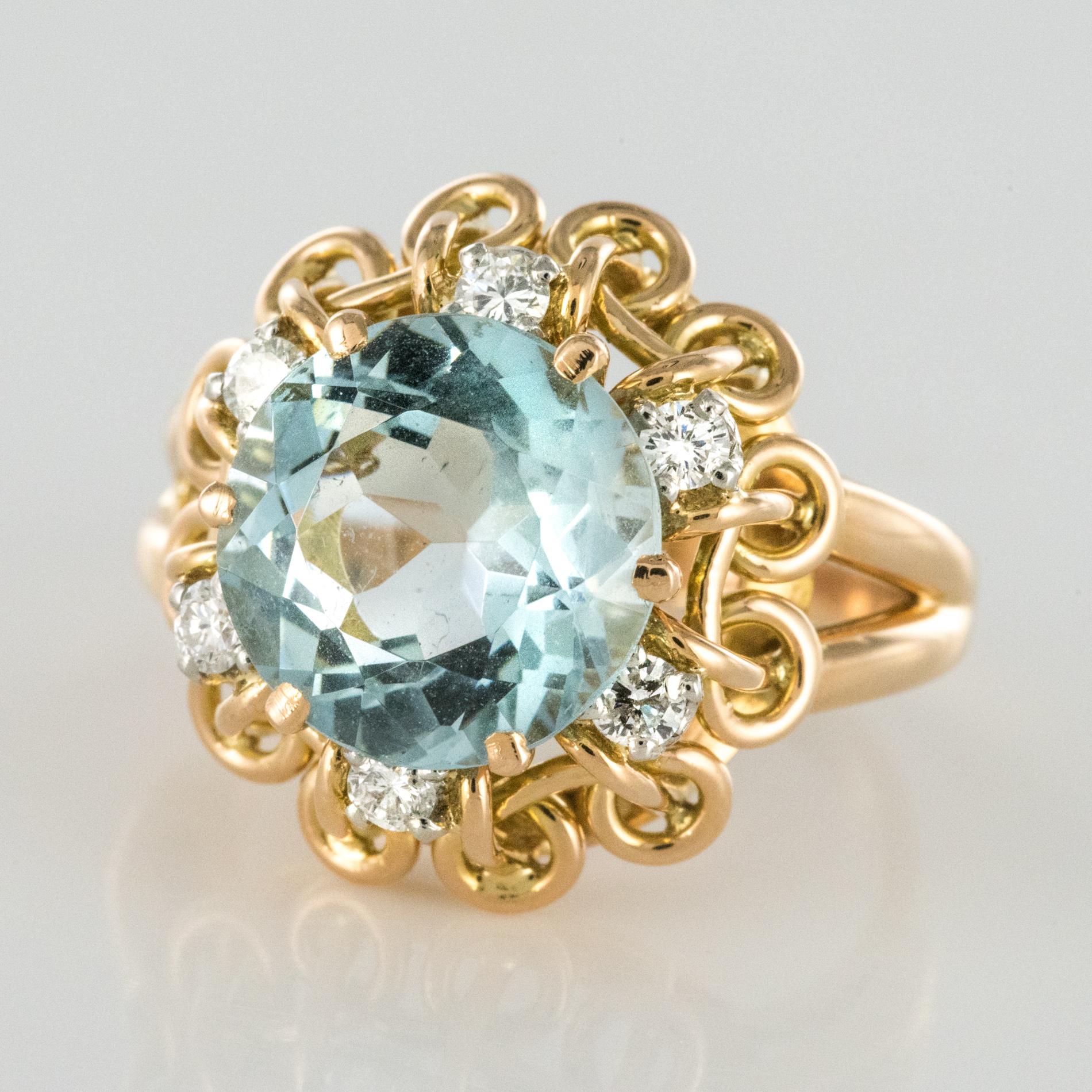 French 1960s 3.35 Carat Aquamarine Diamond 18 Karat Rose Gold Ring 4