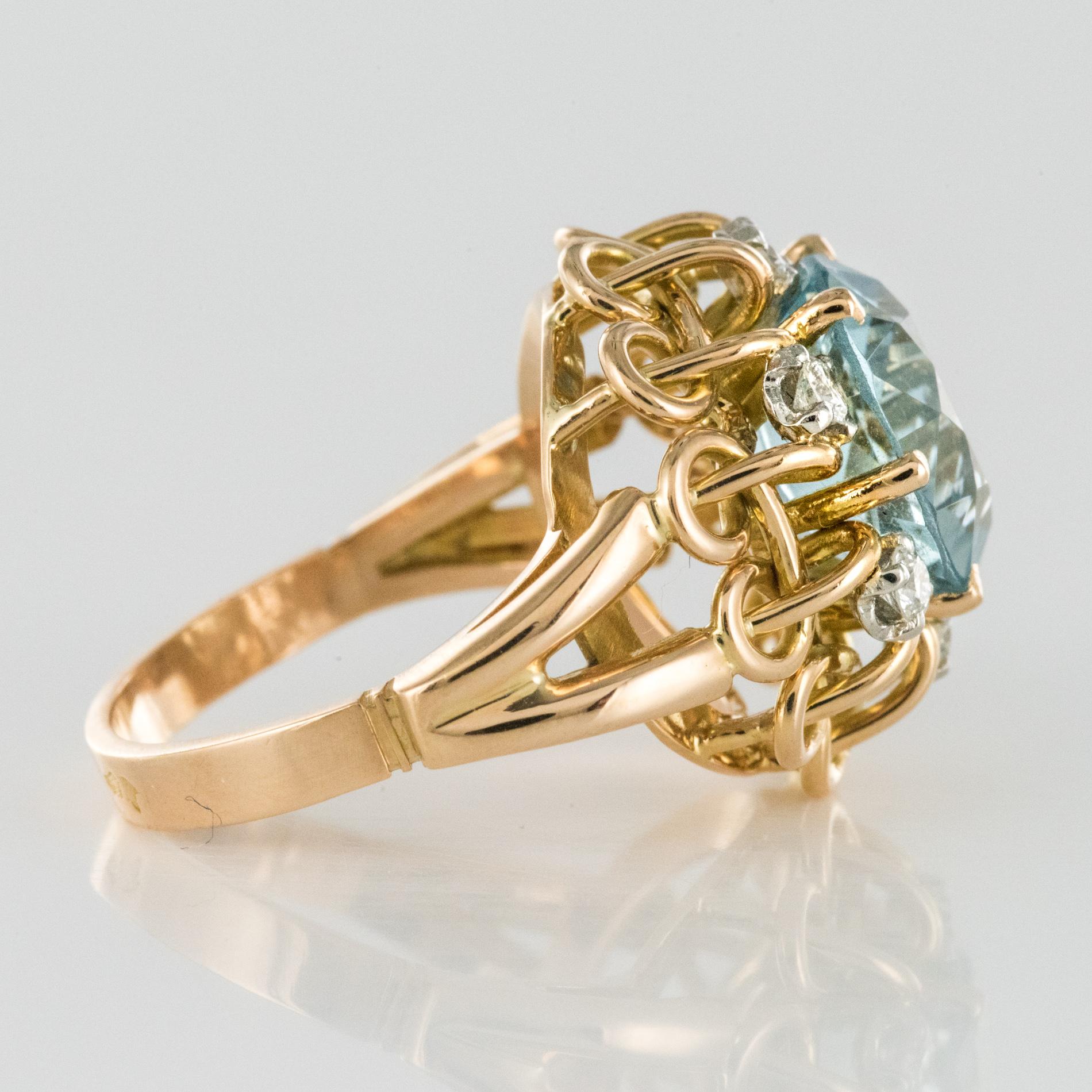 French 1960s 3.35 Carat Aquamarine Diamond 18 Karat Rose Gold Ring 6