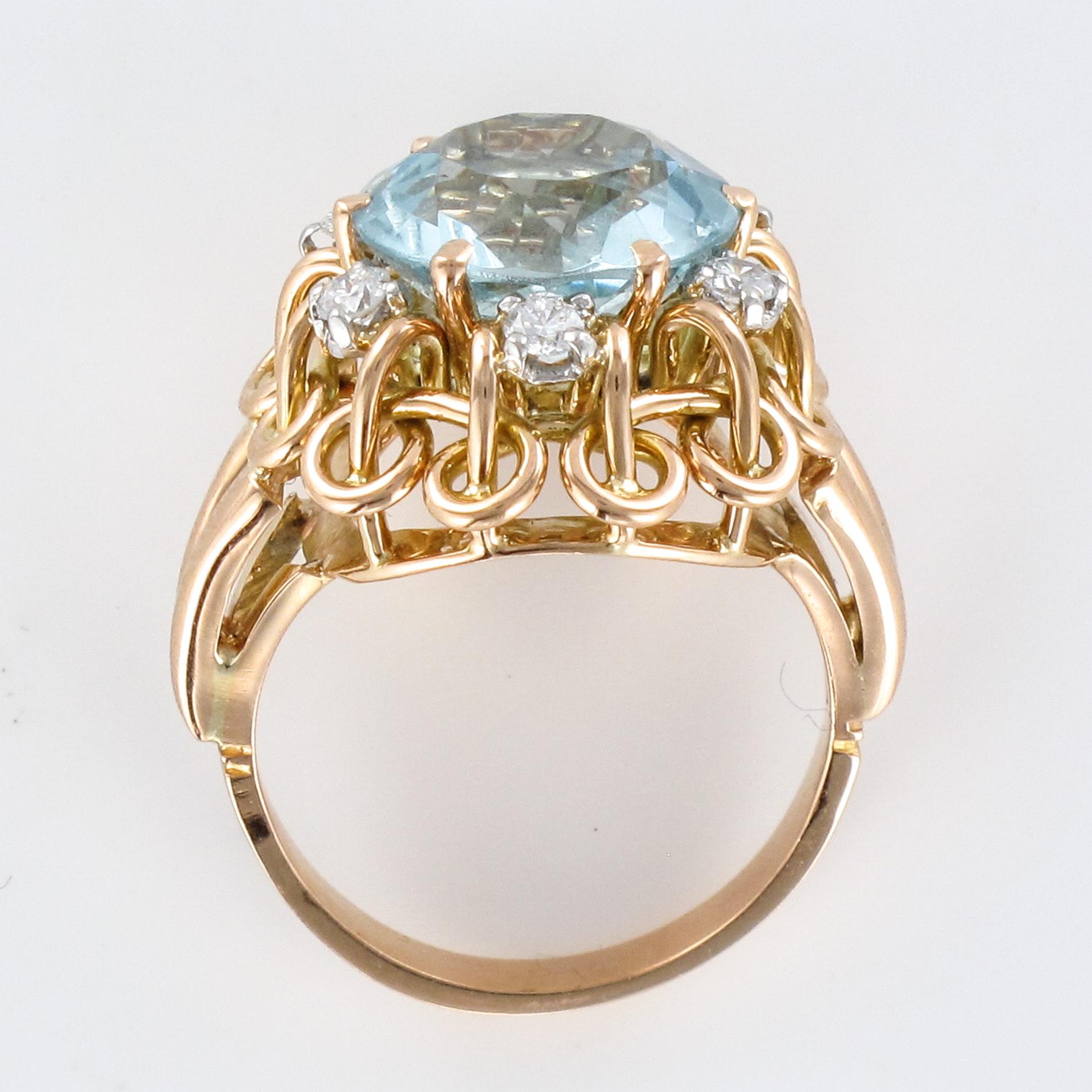 French 1960s 3.35 Carat Aquamarine Diamond 18 Karat Rose Gold Ring 7