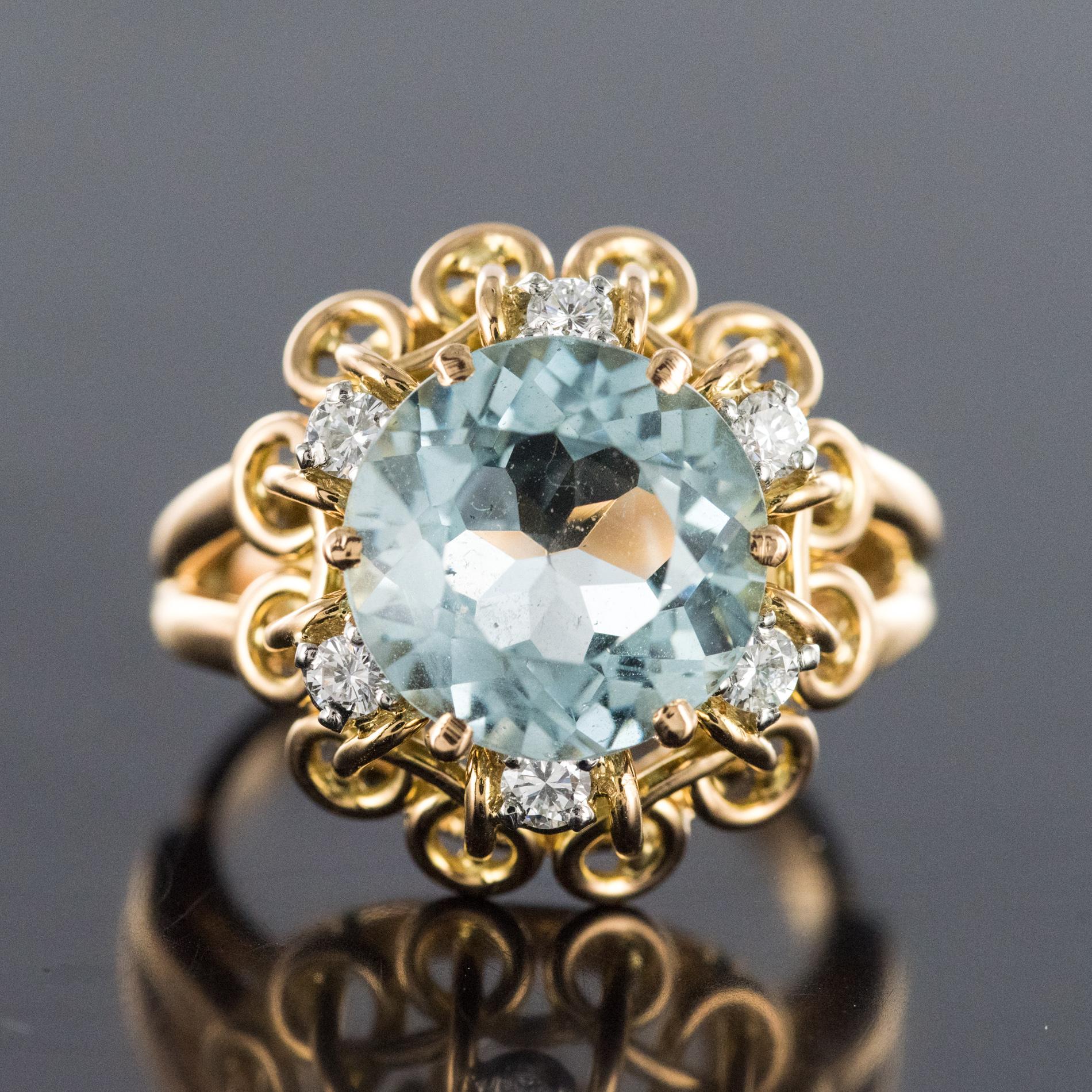 Retro French 1960s 3.35 Carat Aquamarine Diamond 18 Karat Rose Gold Ring