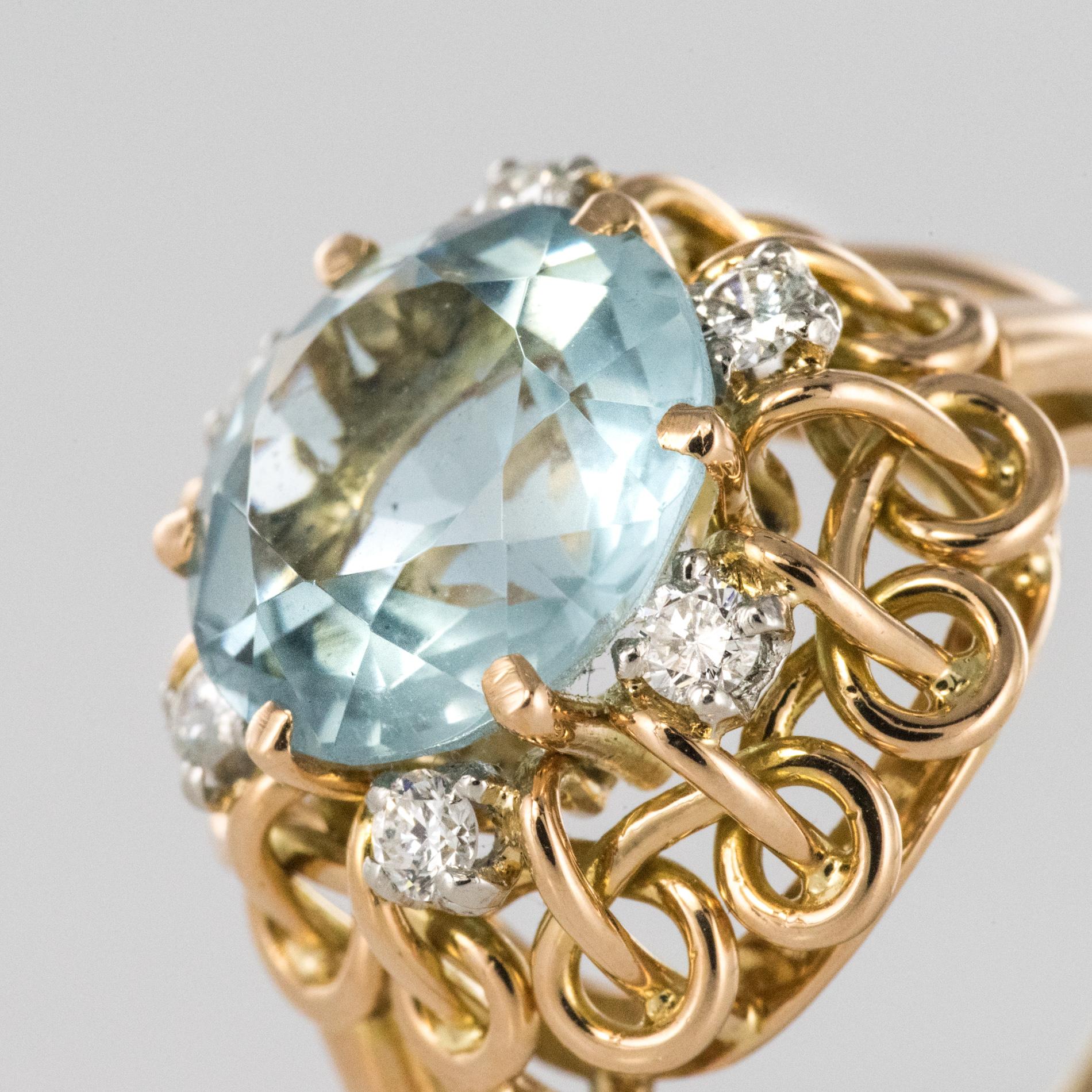Women's French 1960s 3.35 Carat Aquamarine Diamond 18 Karat Rose Gold Ring
