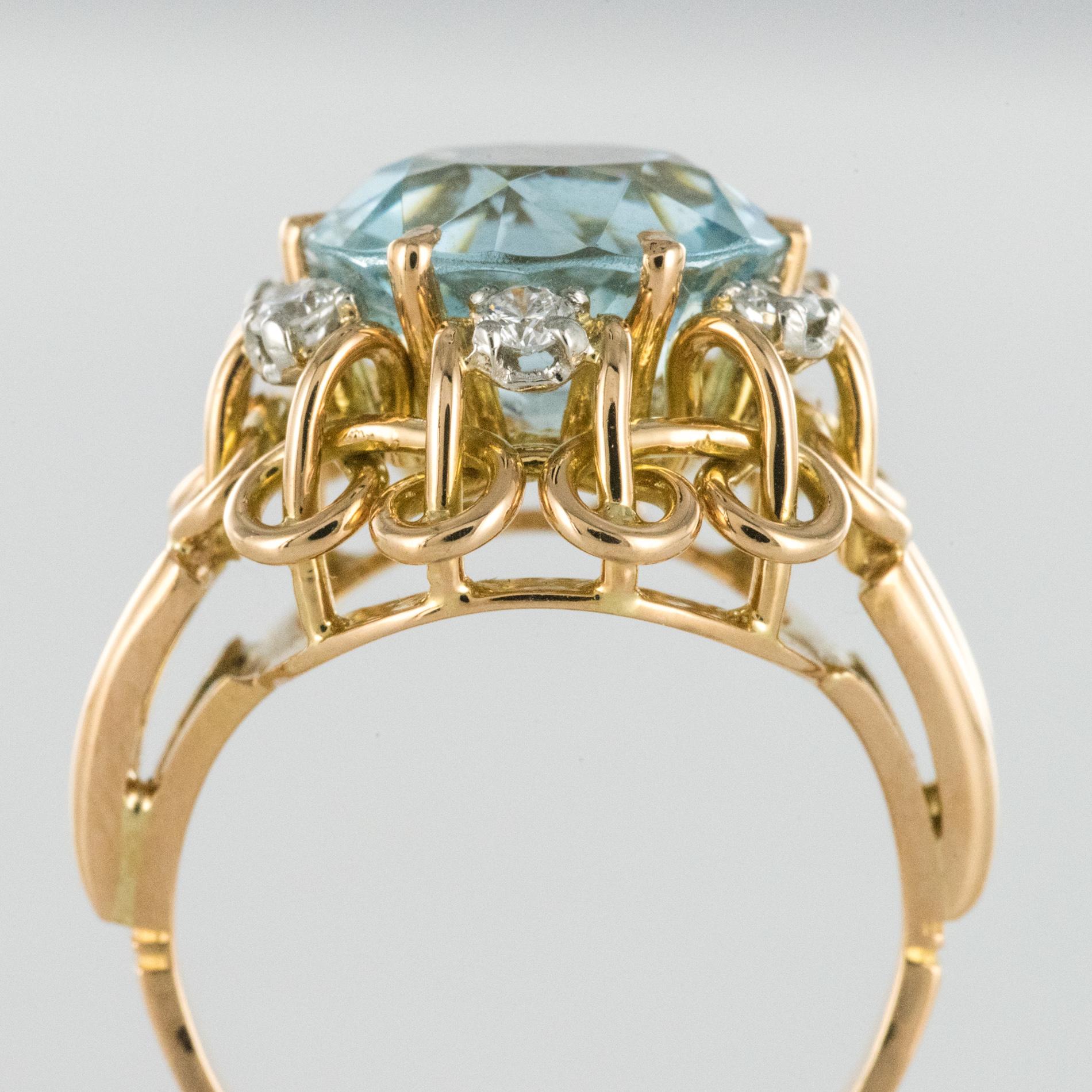 French 1960s 3.35 Carat Aquamarine Diamond 18 Karat Rose Gold Ring 1