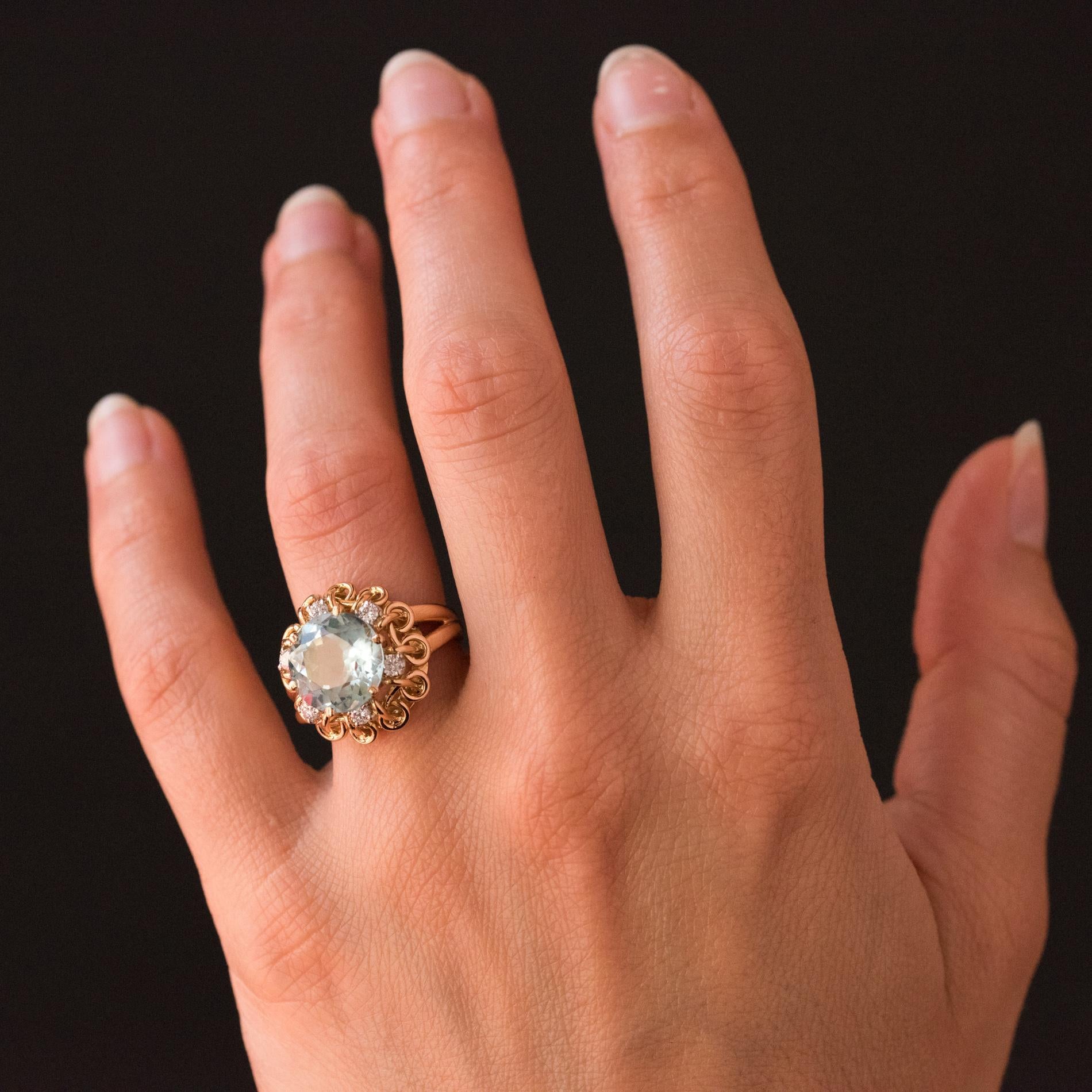 French 1960s 3.35 Carat Aquamarine Diamond 18 Karat Rose Gold Ring 2