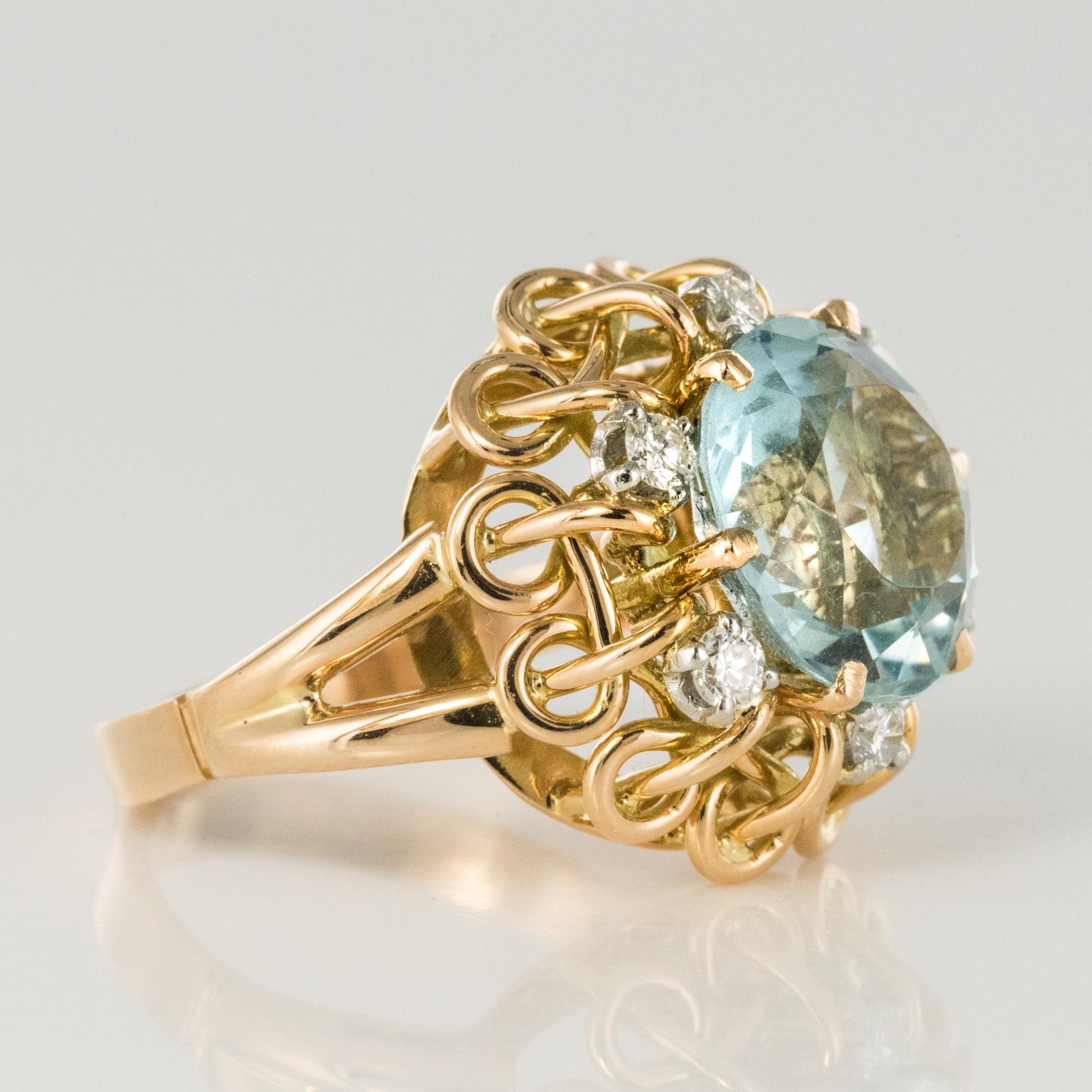 French 1960s 3.35 Carat Aquamarine Diamond 18 Karat Rose Gold Ring 3