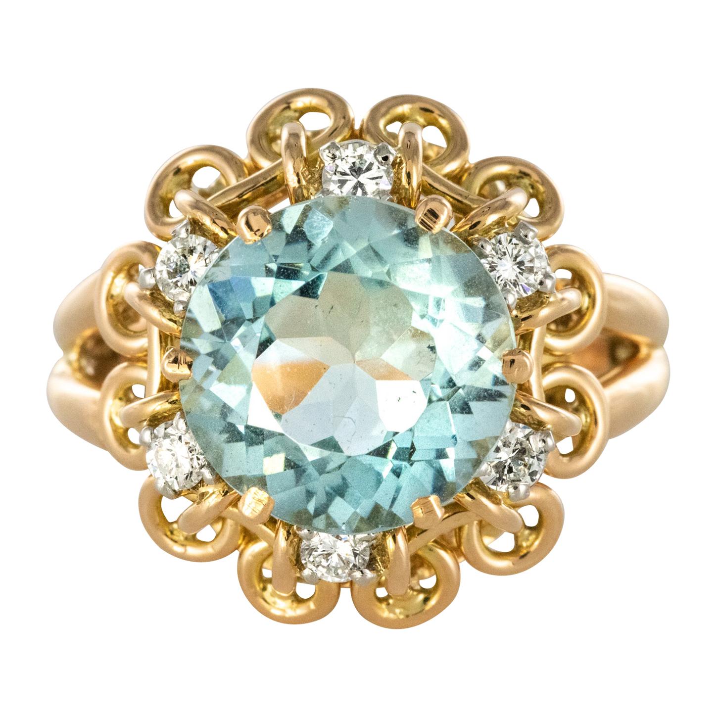 French 1960s 3.35 Carat Aquamarine Diamond 18 Karat Rose Gold Ring
