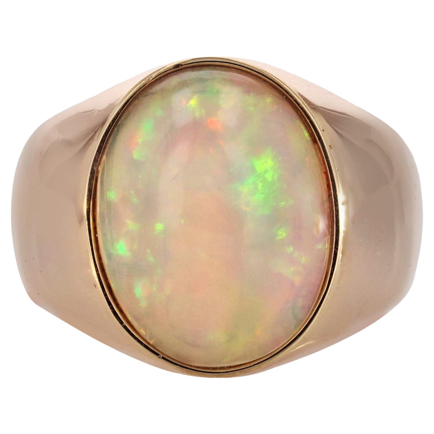 French 1960s 4.75 Carats Opal 18 Karat Yellow Gold Retro Bangle Ring For Sale