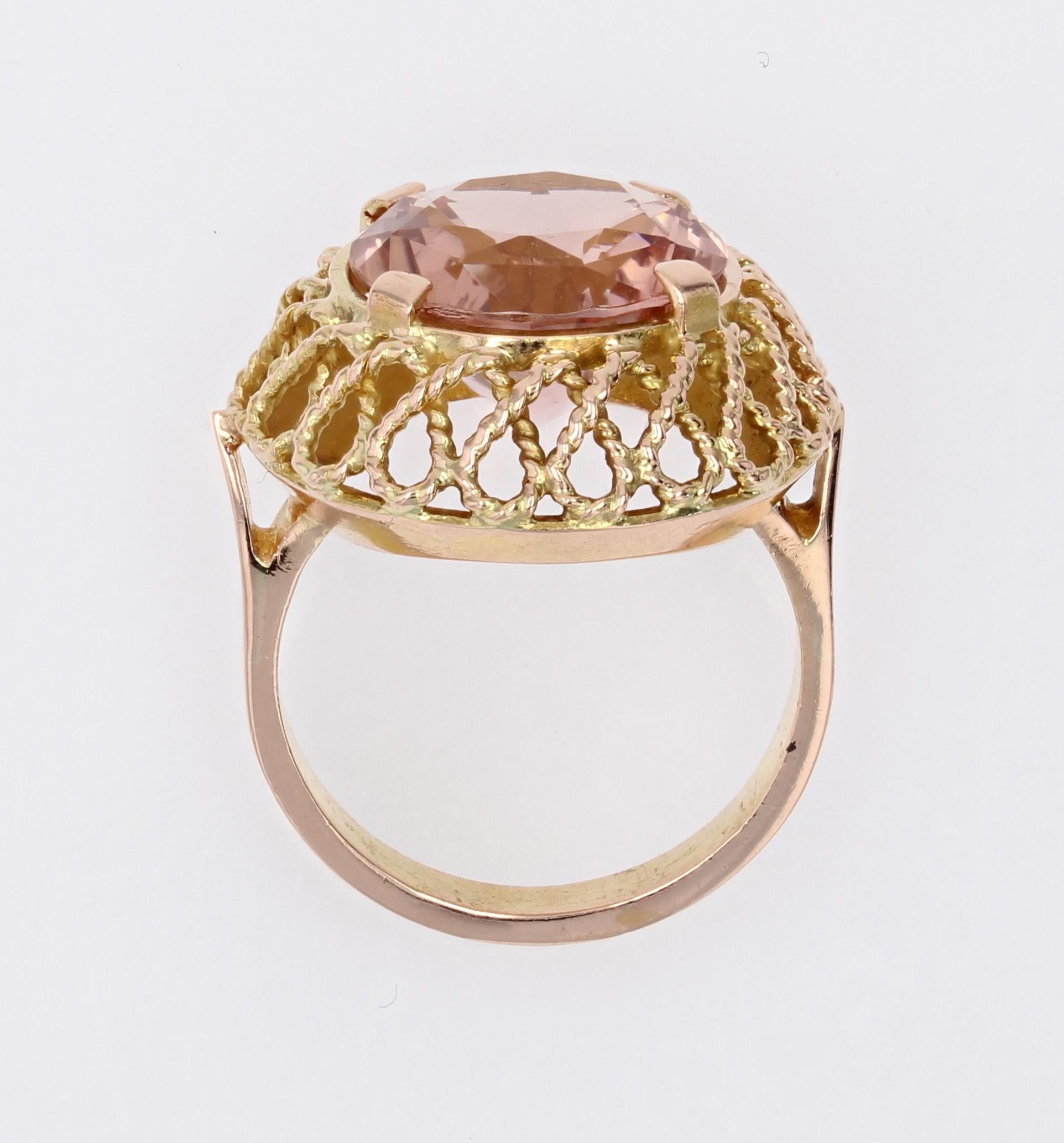 French 1960s 5.42 Carat Morganite 18 Karat Rose Gold Retro Ring For Sale 11