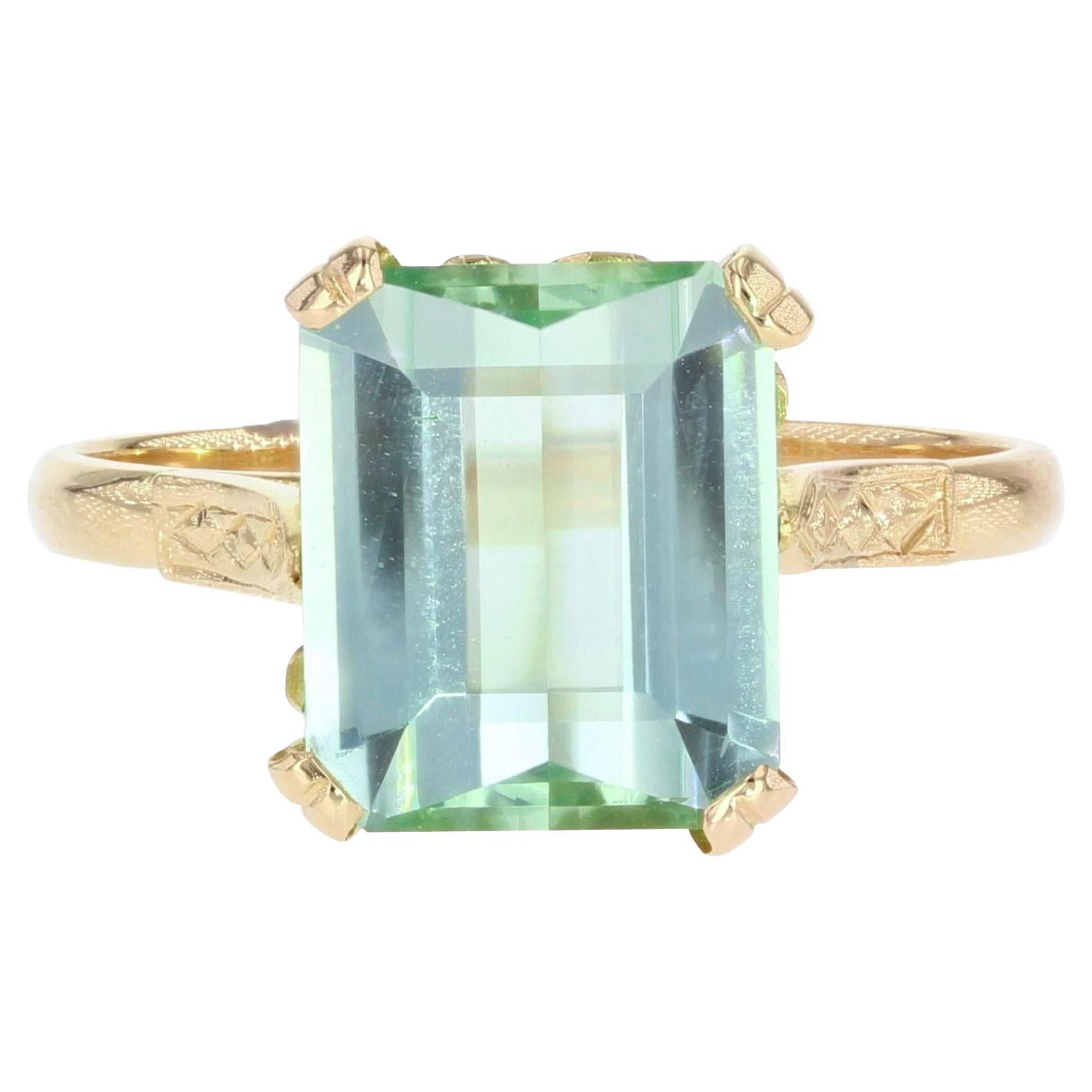 French 1960s 5.82 Carat Watermint Tourmaline 18 Karat Yellow Gold Ring For Sale