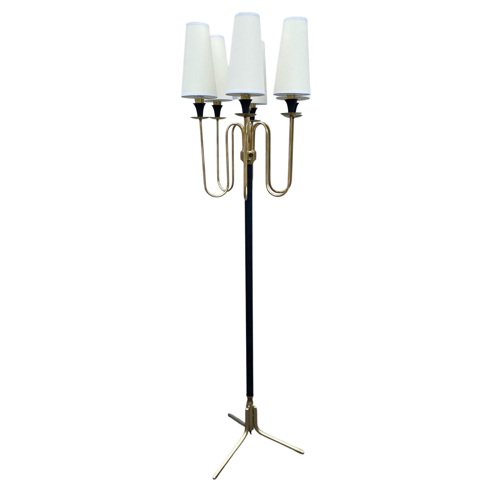 French 1960's 6-Light Brass & Painted Metal Floor Lamp