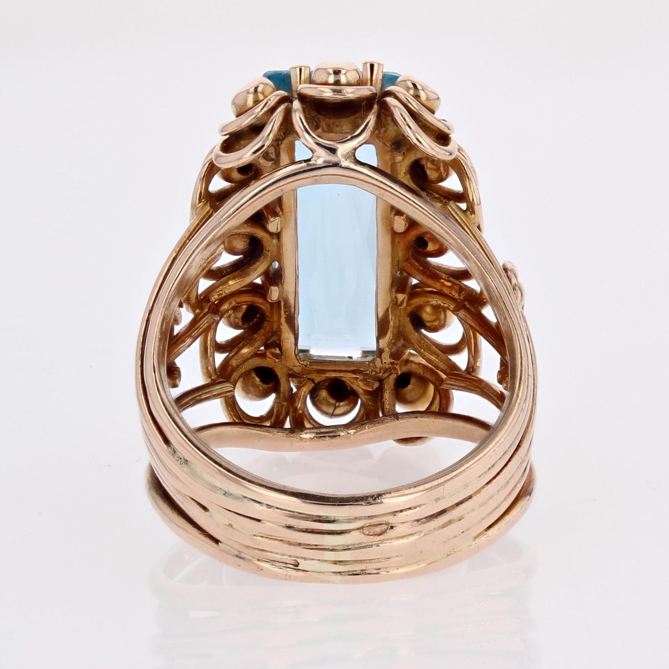 Bague cocktail française des années 1960 en or rose 18 carats avec aigue-marine de 6,20 carats en vente 11