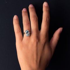 French 1960s 6.87 Carat Aquamarine Diamonds 18 Karat Yellow Gold Ring