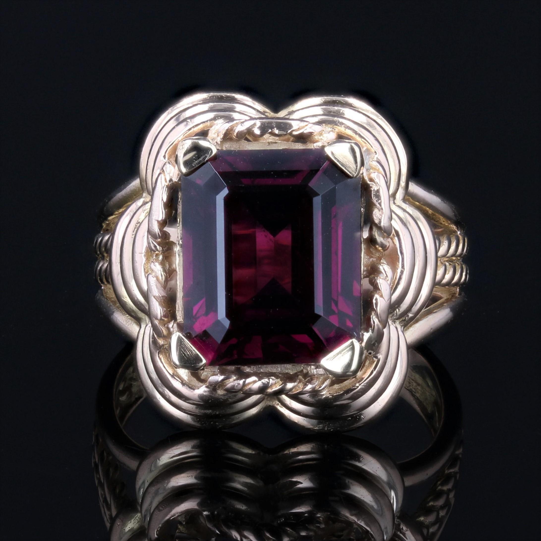 Emerald Cut French 1960s 7.37 Carat Rhodolite Garnet 18 Karat Rose Gold Ring For Sale