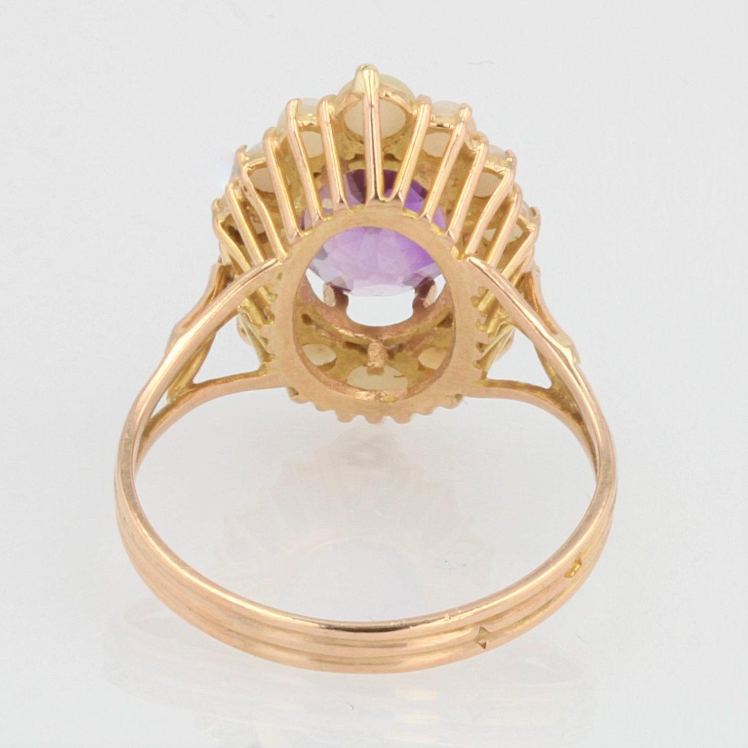 French 1960s Amethyst Cultured Pearls 18 Karat Yellow Gold Ring For Sale 3