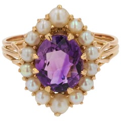 French 1960s Amethyst Cultured Pearls 18 Karat Yellow Gold Ring