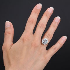French 1960s Aquamarine Diamond 18 Karat White Gold Daisy Ring