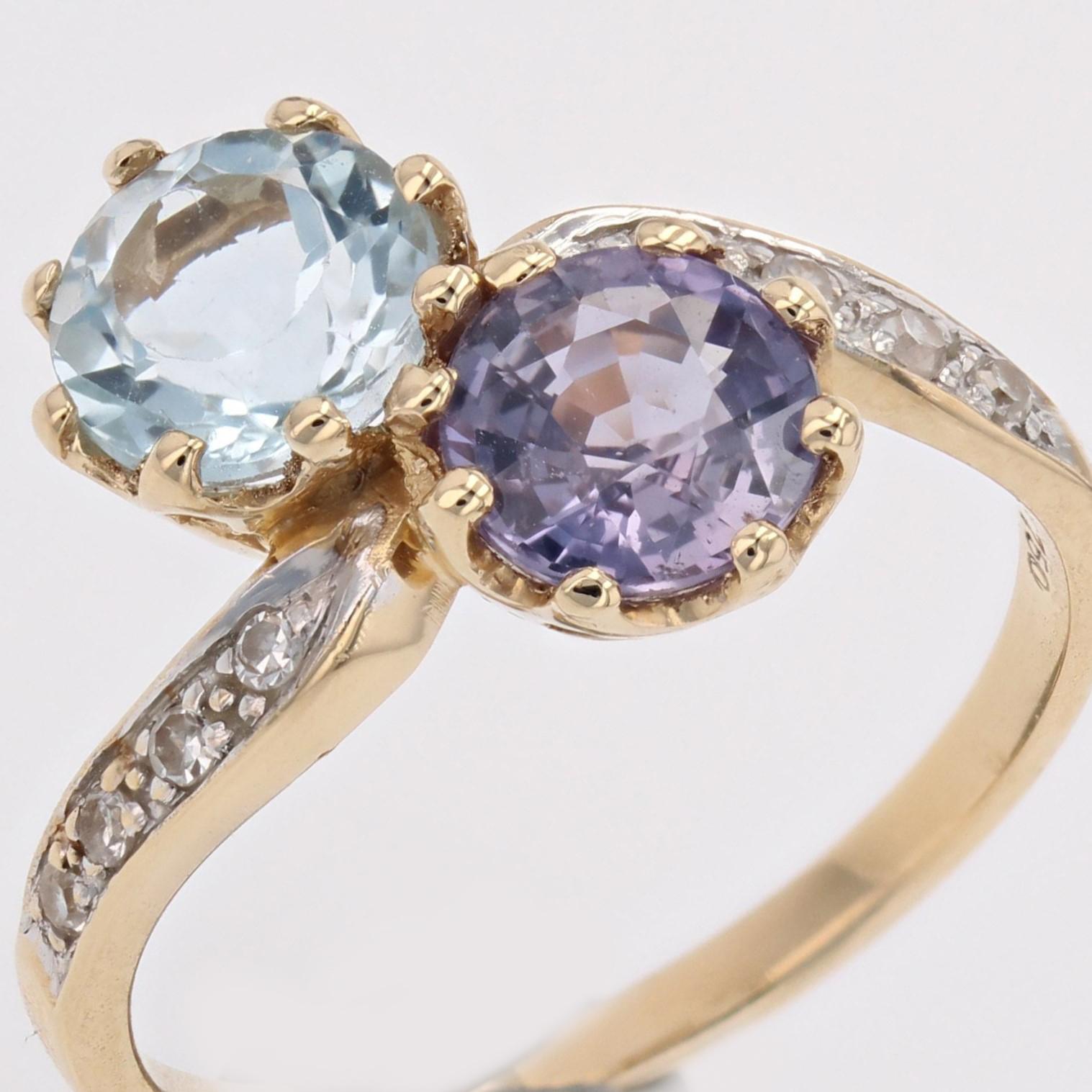 French 1960s Aquamarine Purple Sapphire Diamonds 18K Yellow Gold You and Me Ring For Sale 4