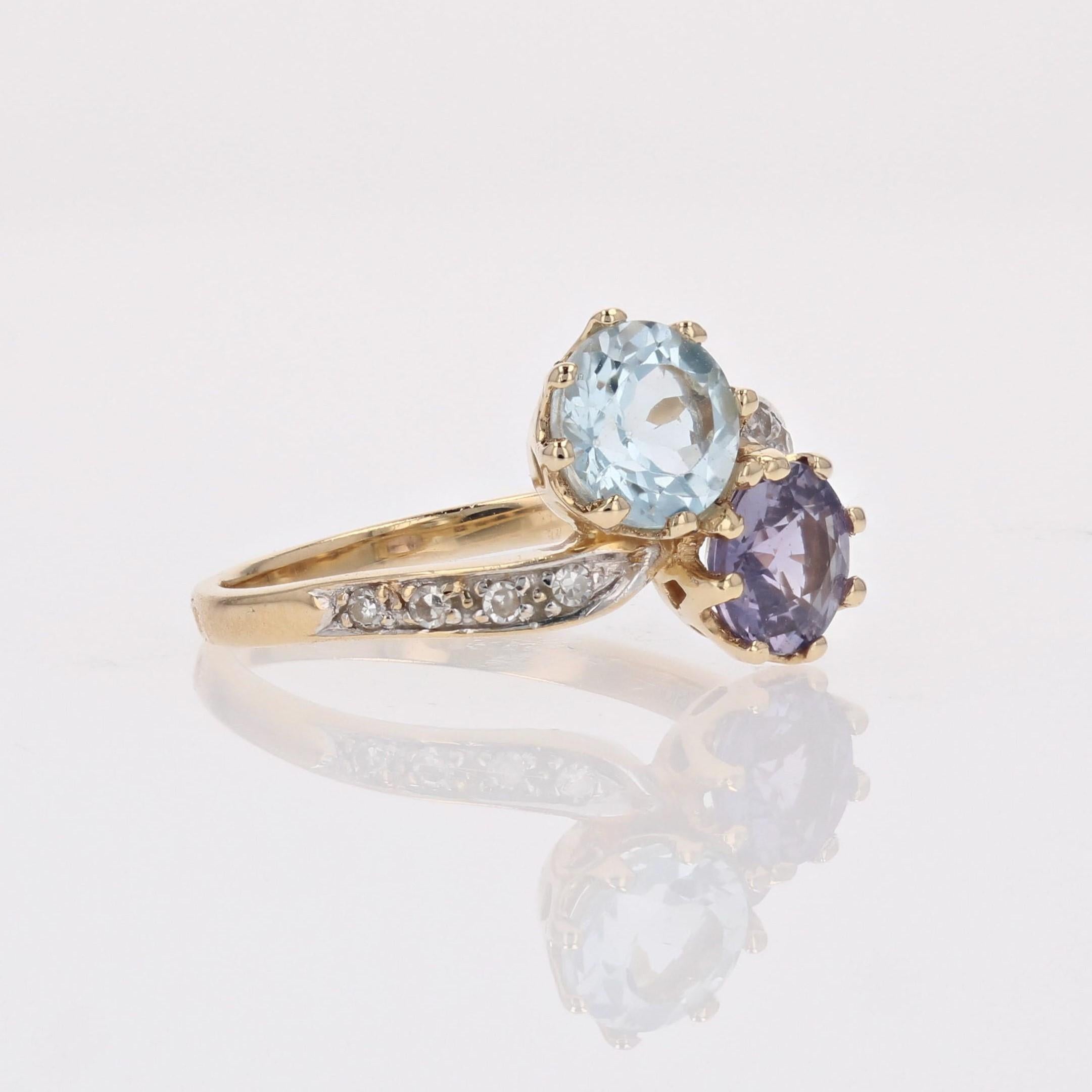 French 1960s Aquamarine Purple Sapphire Diamonds 18K Yellow Gold You and Me Ring For Sale 5