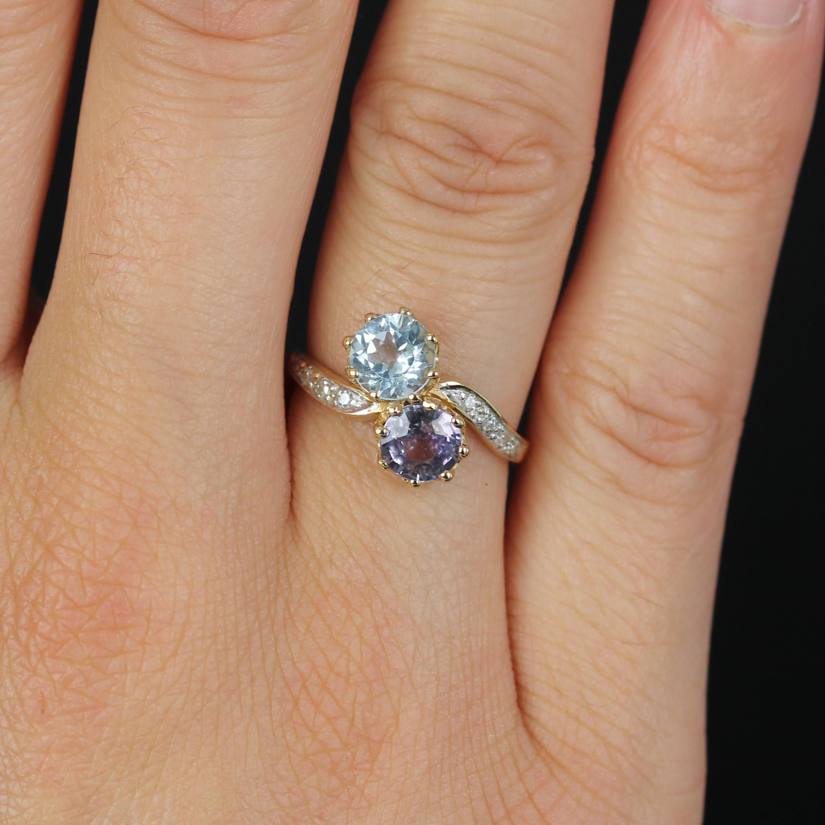 French 1960s Aquamarine Purple Sapphire Diamonds 18K Yellow Gold You and Me Ring For Sale 6