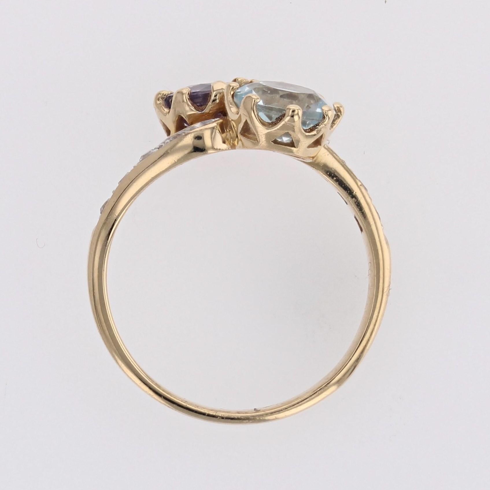 French 1960s Aquamarine Purple Sapphire Diamonds 18K Yellow Gold You and Me Ring For Sale 7